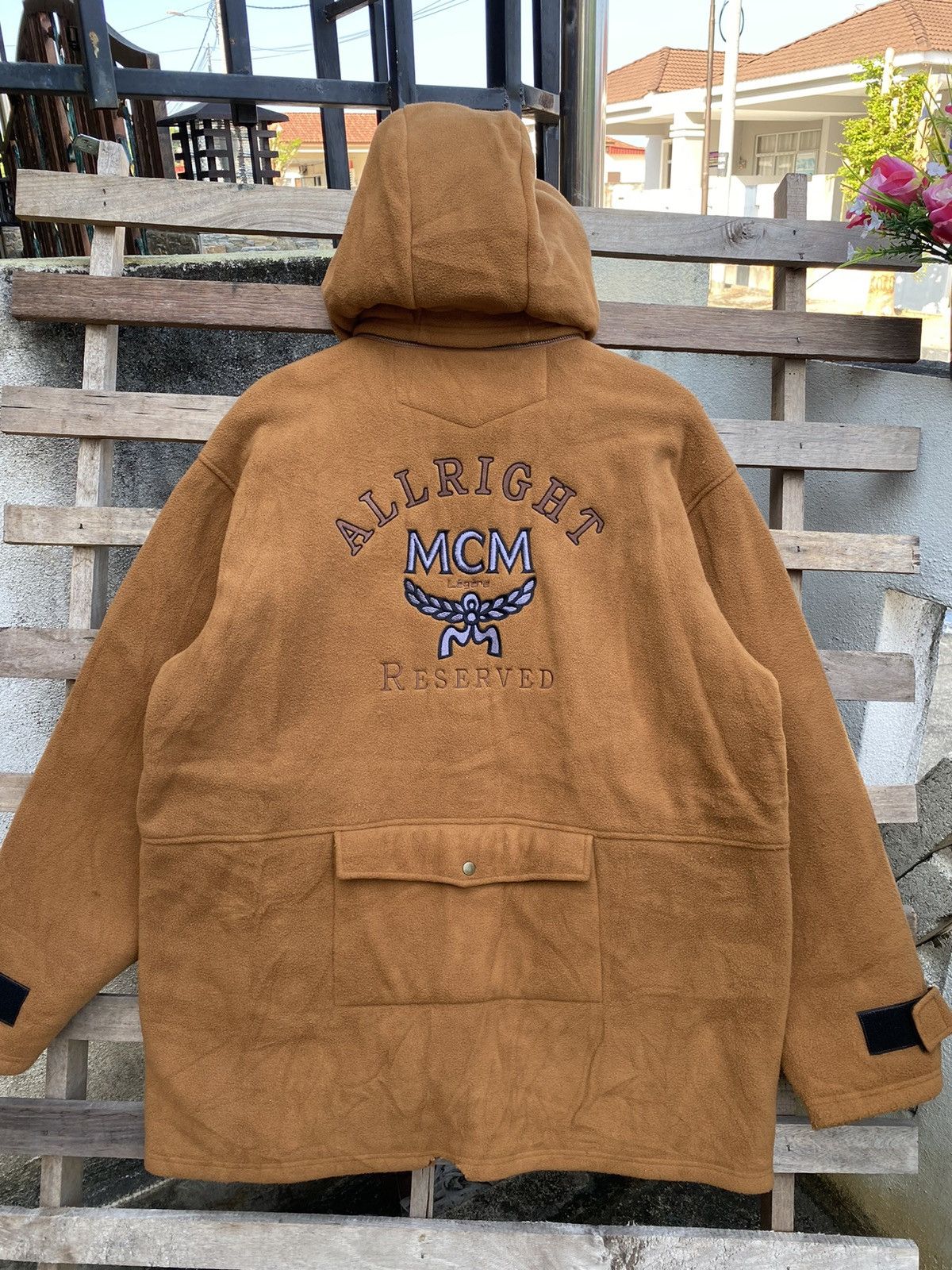 image of 90's MCM Fleece Jacket Big Logo Spellout in Brown, Men's (Size XL)