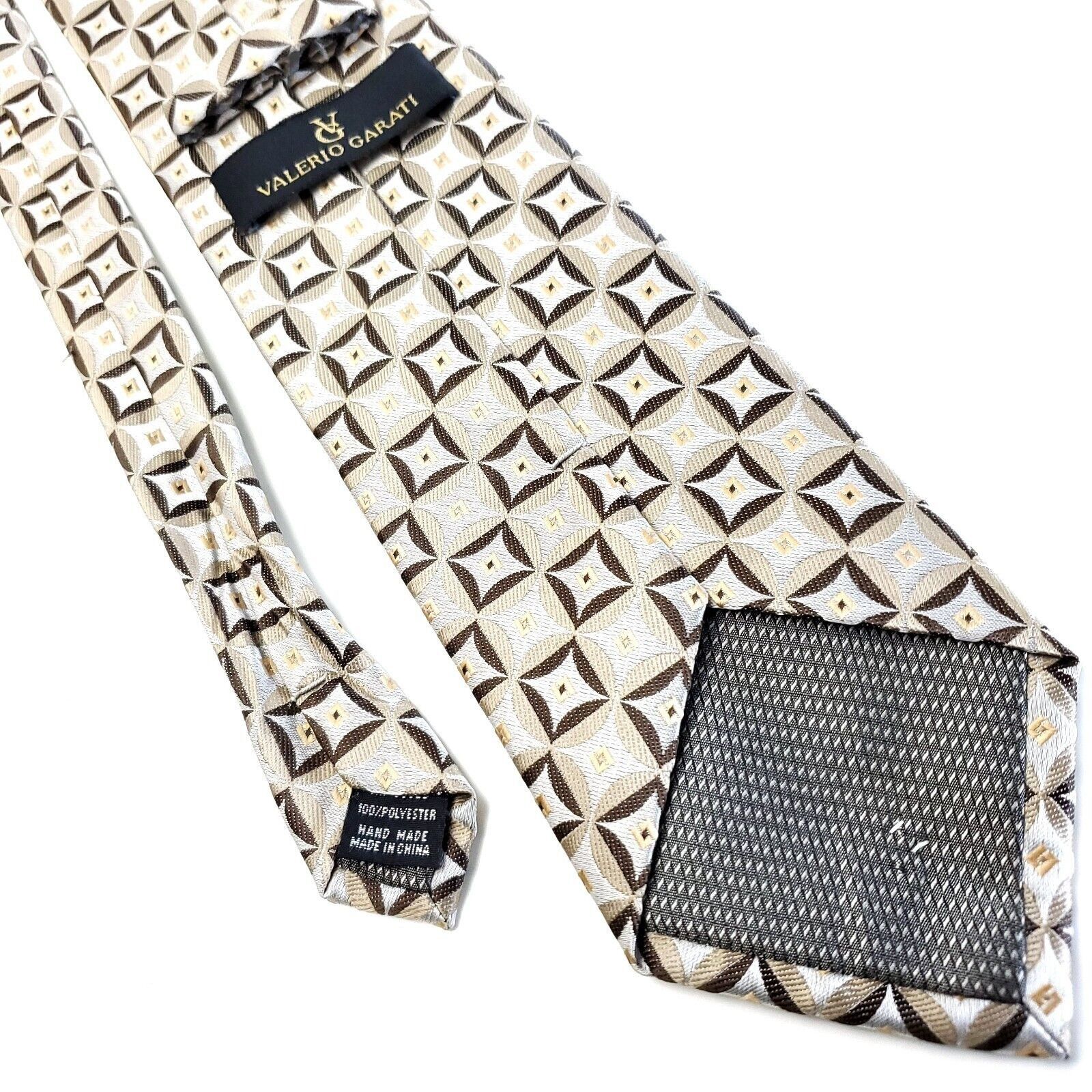 Designer Valerio Garati Beige Brown Silk Tie Woven Geometric Size ONE SIZE - 3 Thumbnail