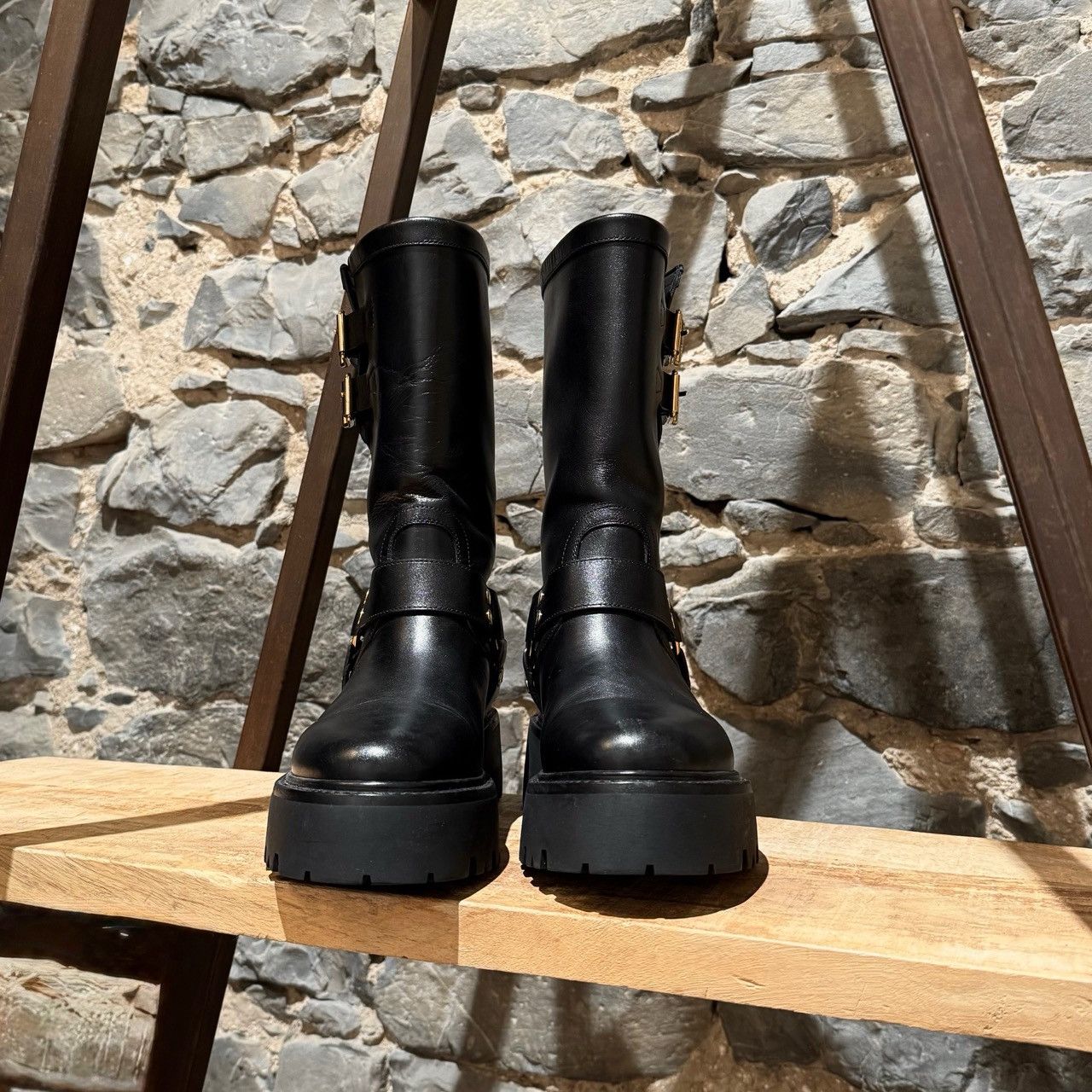 Celine Celine Black Leather Harness Bulky Biker Mid Boots Size US 10.5 / IT 40.5 - 4 Thumbnail