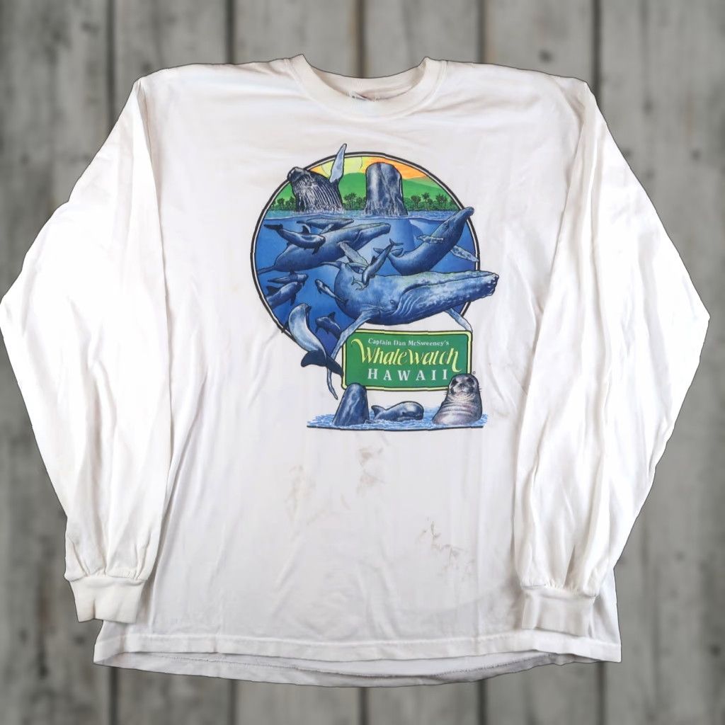 Anvil VINTAGE Dan McSweeney's Whale Watch Hawaii Surf Long Sleeve T-Shirt XL White Mens Graphic Print Cotton Crew Neck 2000s Size US XL / EU 56 / 4 - 1 Thumbnail