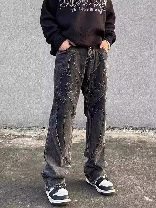 Vintage washed embroidered patchwork raw edge jeans