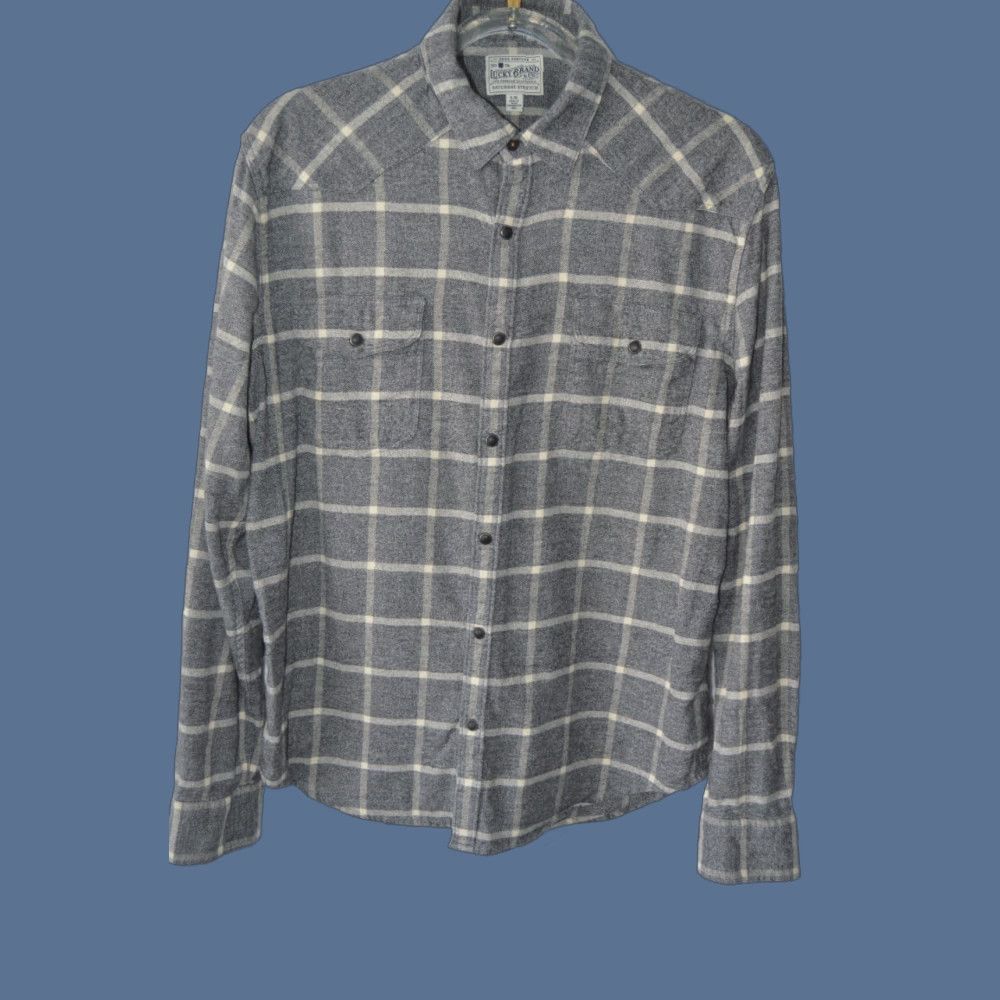 Lucky Brand VINTAGE Lucky Brand Saturday Stretch Snap Western Plaid Flannel Shirt Men's Large Gray Size US L / EU 52-54 / 3 - 1 Thumbnail