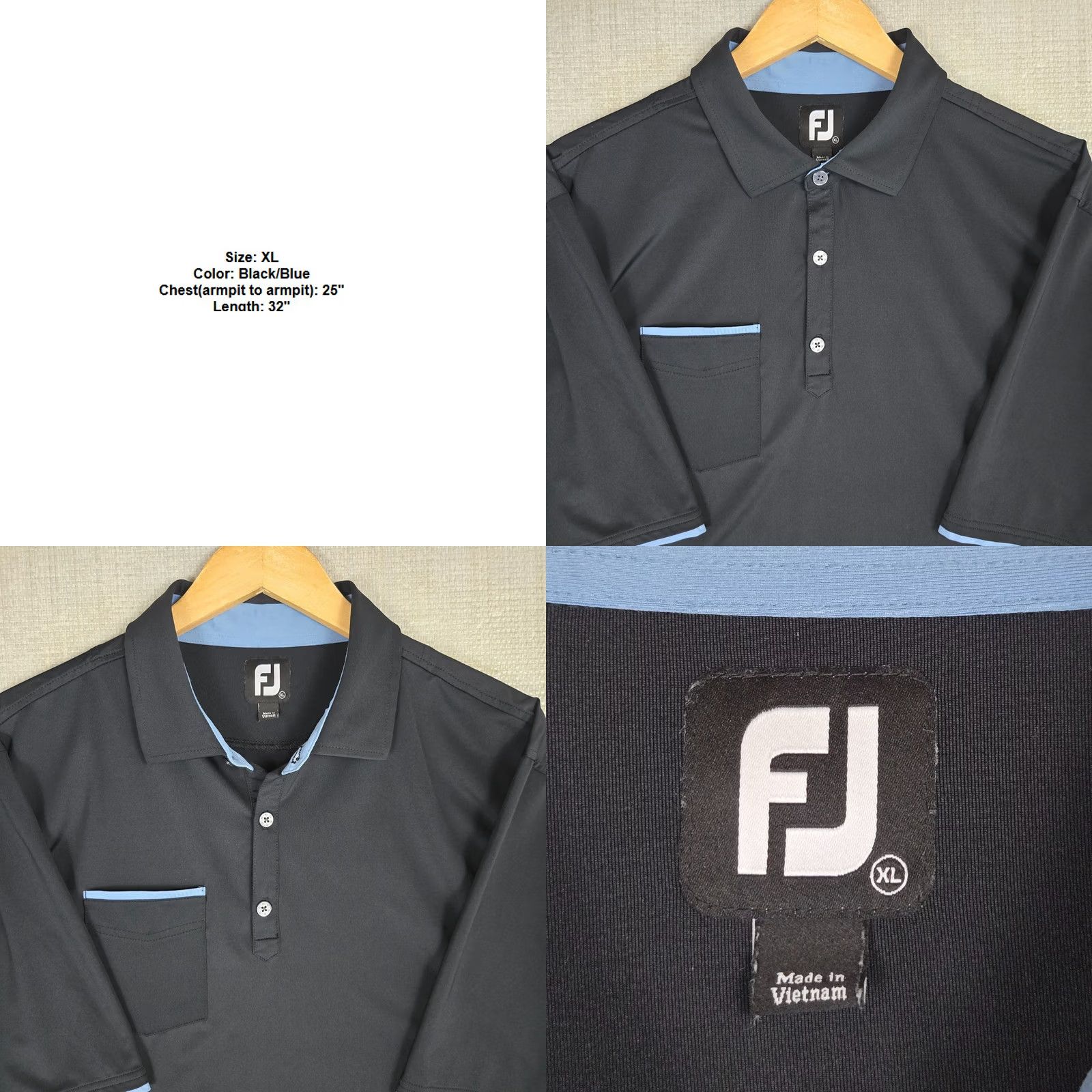 Footjoy FOOTJOY Performance Polo Shirt Size XL Black Blue Pocketed Wicking Golf Mens Size US XL / EU 56 / 4 - 8 Thumbnail