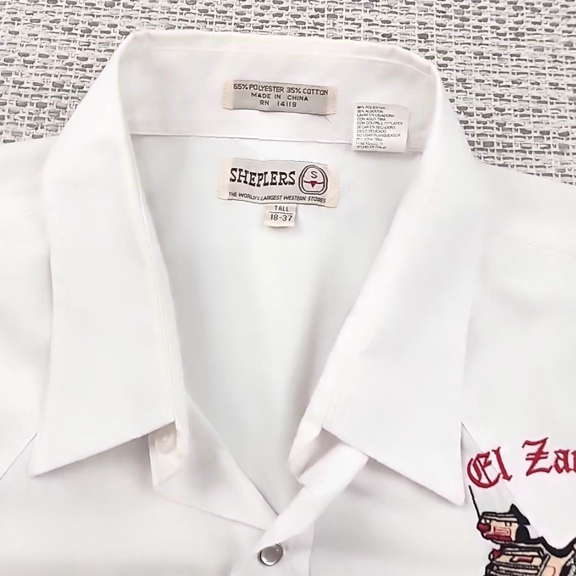 Vintage VINTAGE Sheplers Pearl Snap Shirt Mens 18 37 Tall Western Button-Up Long Sleeve White Cotton Blend 70s 80s 90s Cowboy Mens Size US XXL / EU 58 / 5 - 5 Thumbnail