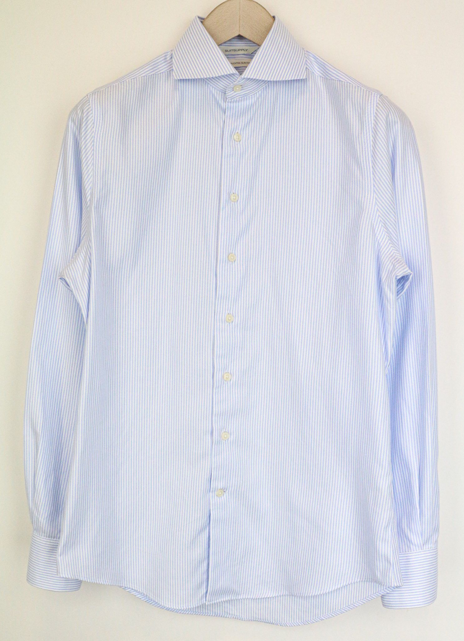 Suitsupply 37/14 1/2 Extra Slim Blue Cotton Striped Shirt 75475 Size US S / EU 44-46 / 1 - 1 Thumbnail