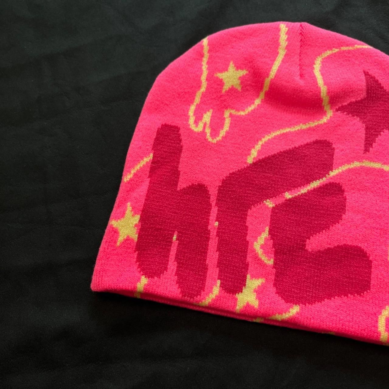 Japanese Brand Deadstock Y2k Star Graphic No Cuff Knit Beanie Hat Pink Size ONE SIZE - 3 Thumbnail