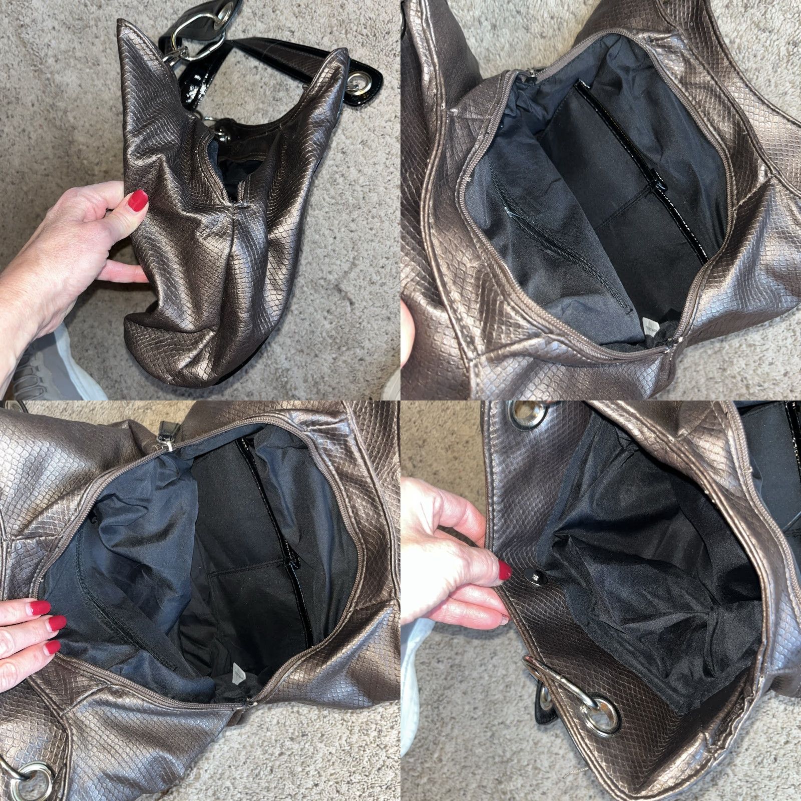 Doublet VINTAGE Kathy Van Zeeland Shoulder Bag Croc Embossed Brown Black Silver Studs Slouchy Boho Double Straps Size ONE SIZE - 9 Thumbnail