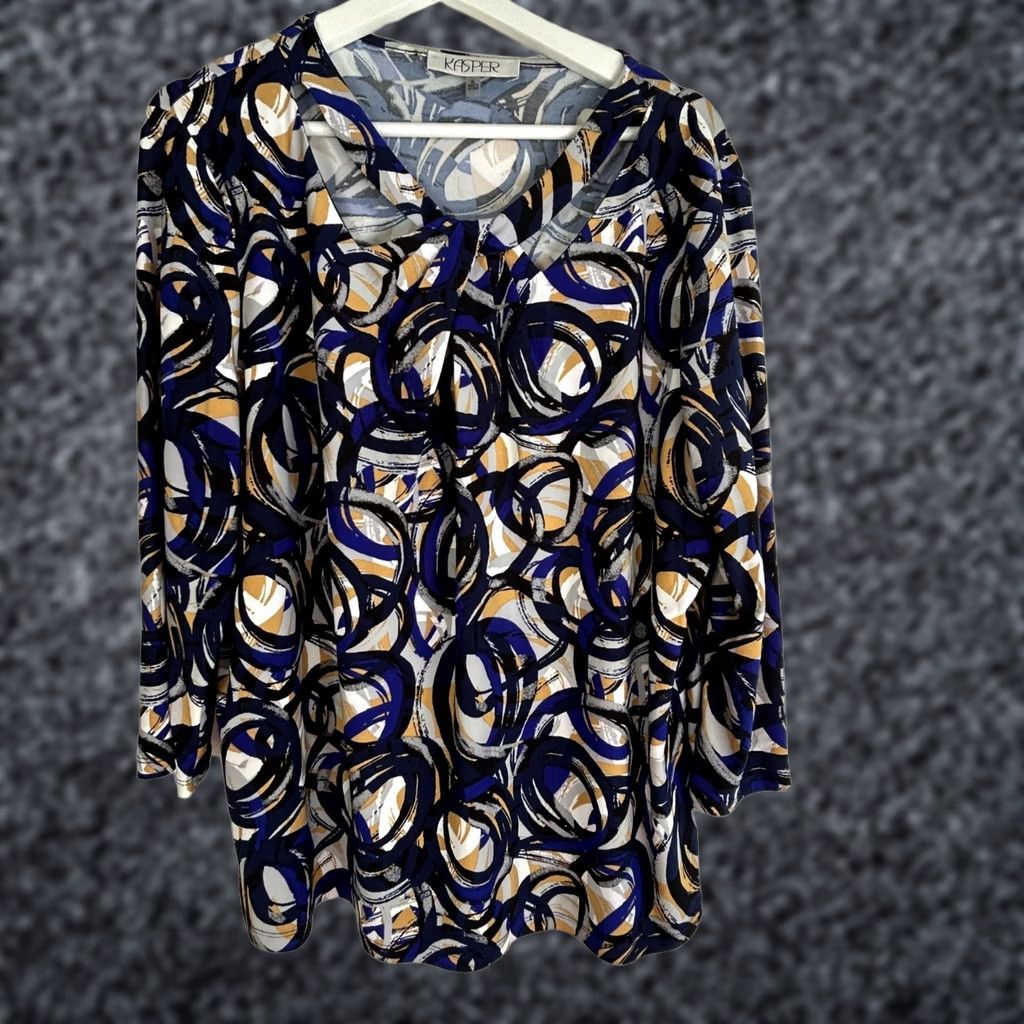 Kasper Kasper Blouse Abstract Printed Twist-Neck 3/4-Sleeve XL Blue Stretch Women’s Sh Size XL / US 12-14 / IT 48-50 - 1 Thumbnail