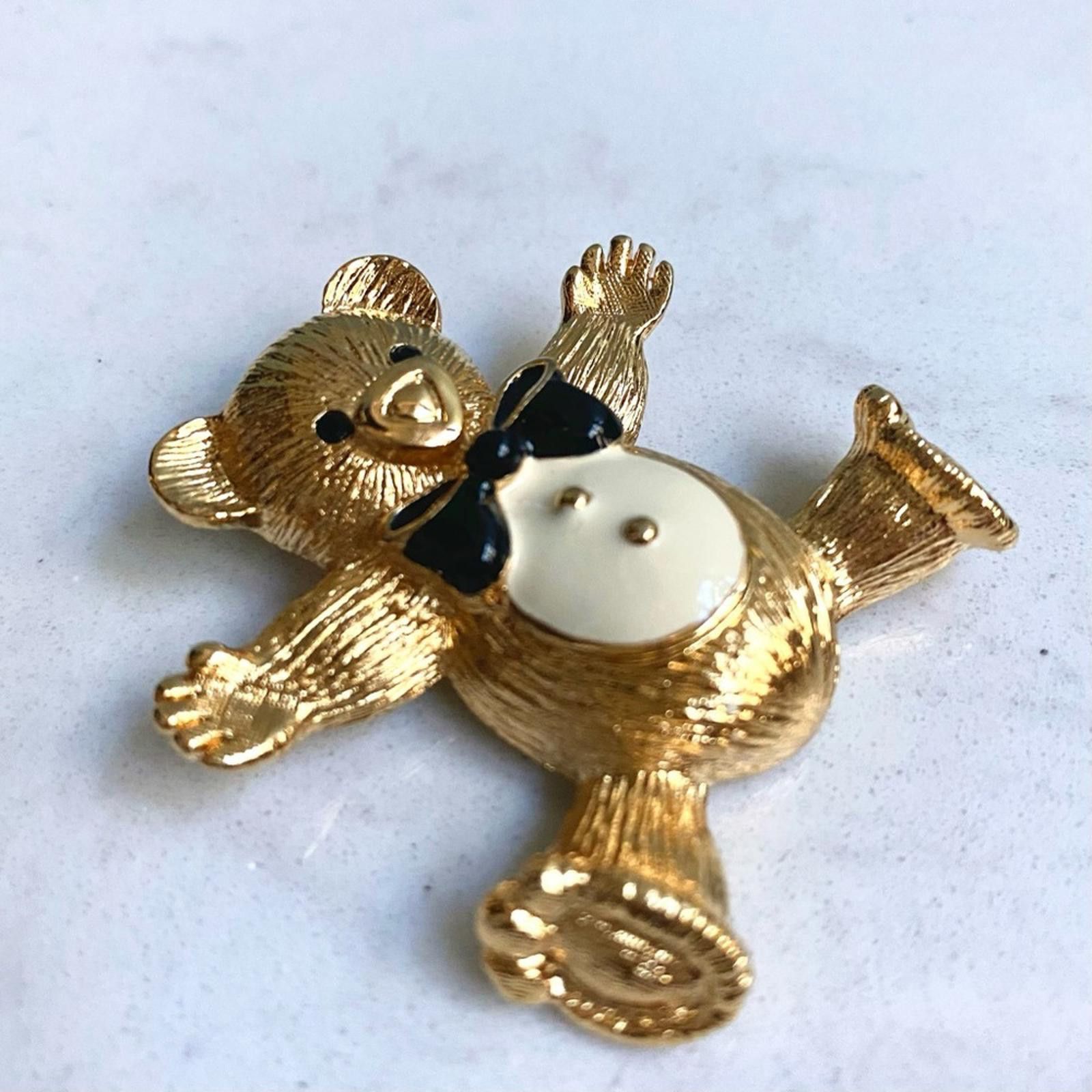 St. John VTG St. John 24K Gold Teddy Bear Brooch Black Enamel Bow Size ONE SIZE - 3 Thumbnail
