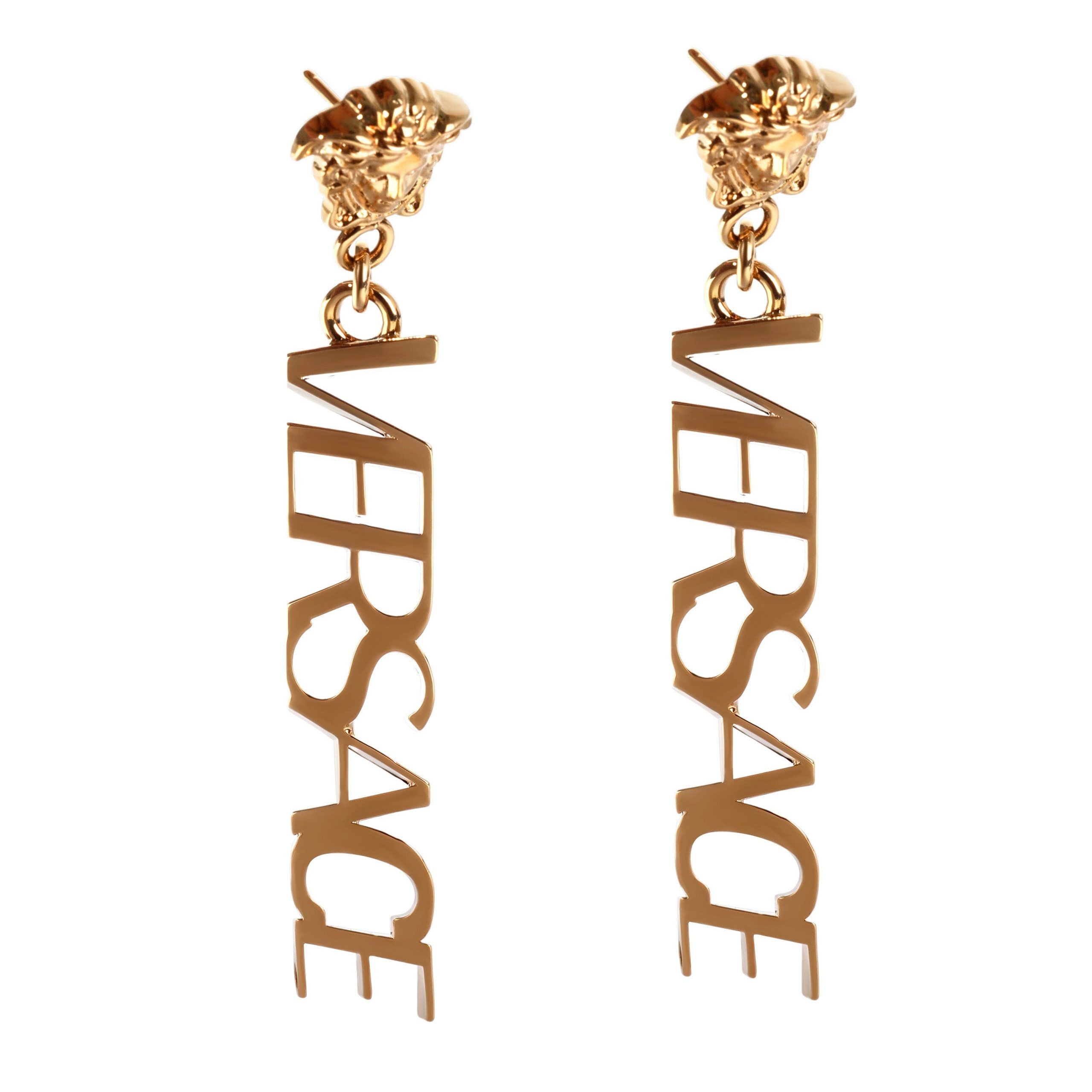 image of Versace Logo Drop Earrings In Brass in Gold, Women's