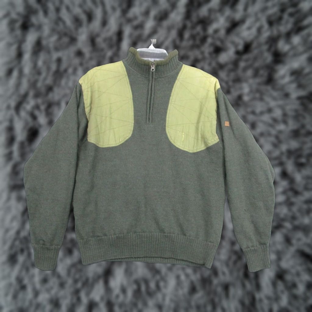 Vintage Beretta Mens Sweater Long Sleeve Green Wool Lined 1/4 Zip Mock Neck Shooting Patch Quilted Shoulders Padded" Size US M / EU 48-50 / 2 - 1 Thumbnail