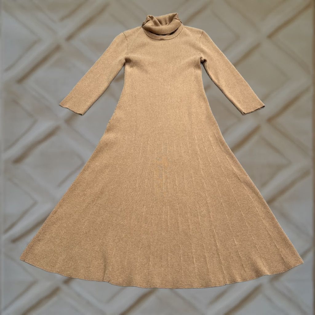 Vintage Saks Fifth Avenue Turtleneck A-Line Midi Sweater Dress Womens Small Camel Brown Size S / US 4 / IT 40 - 1 Thumbnail