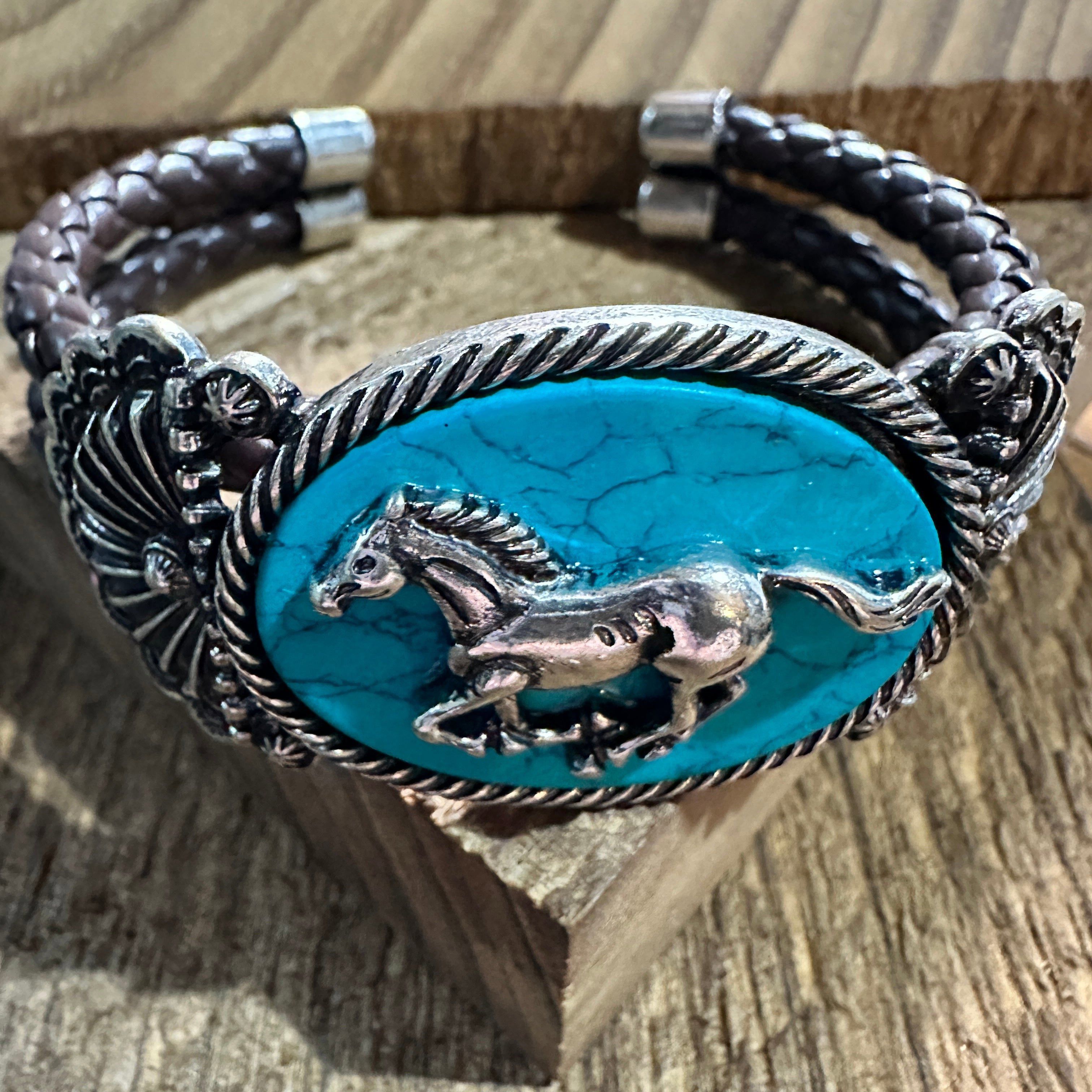 Other Horse Turquoise Stone Western Leather Open Bangle Bracelet Size ONE SIZE - 4 Thumbnail