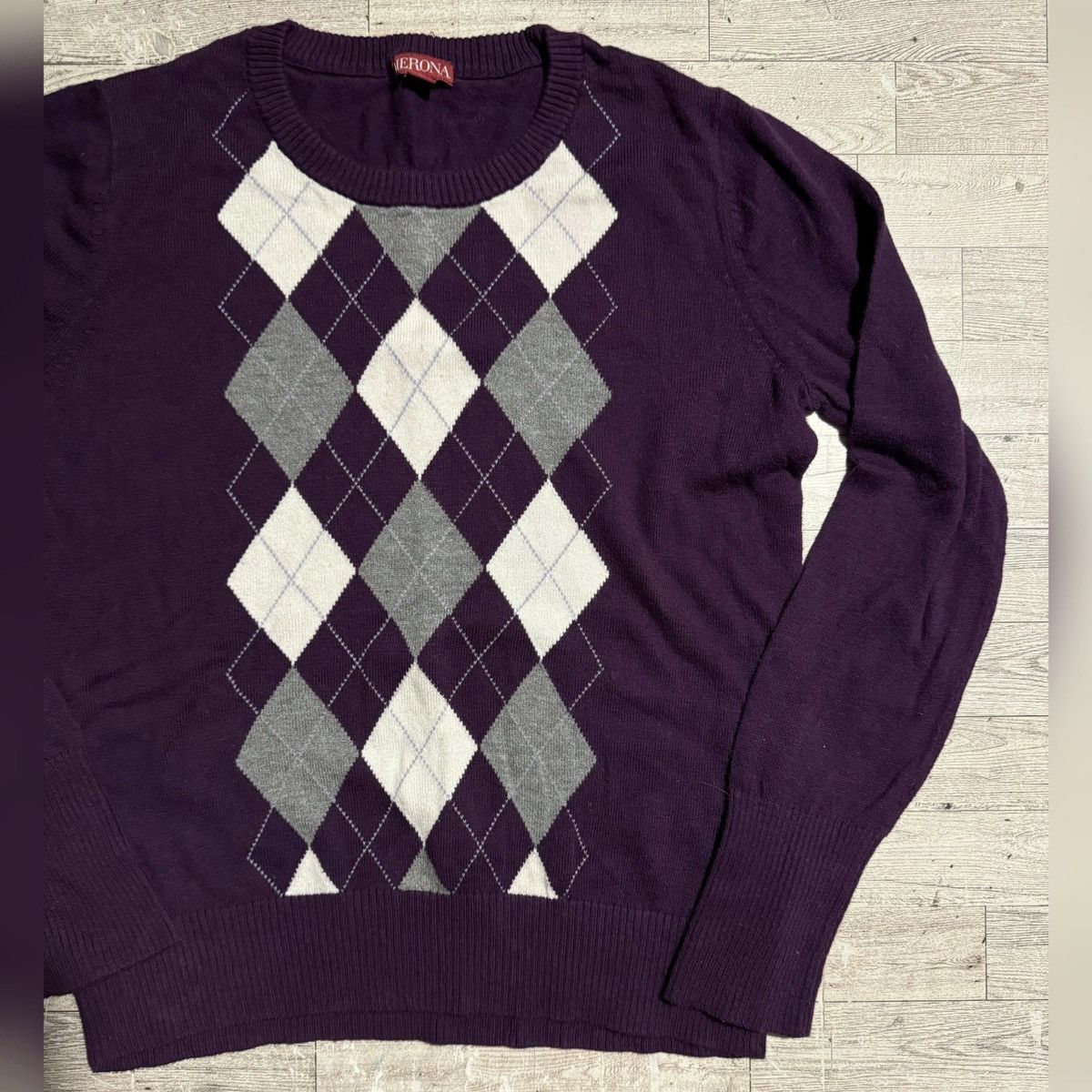 Merona Retro, Eggplant Purple, Argyle Patterned, Rayon Knit Sweater Size ONE SIZE - 11 Thumbnail