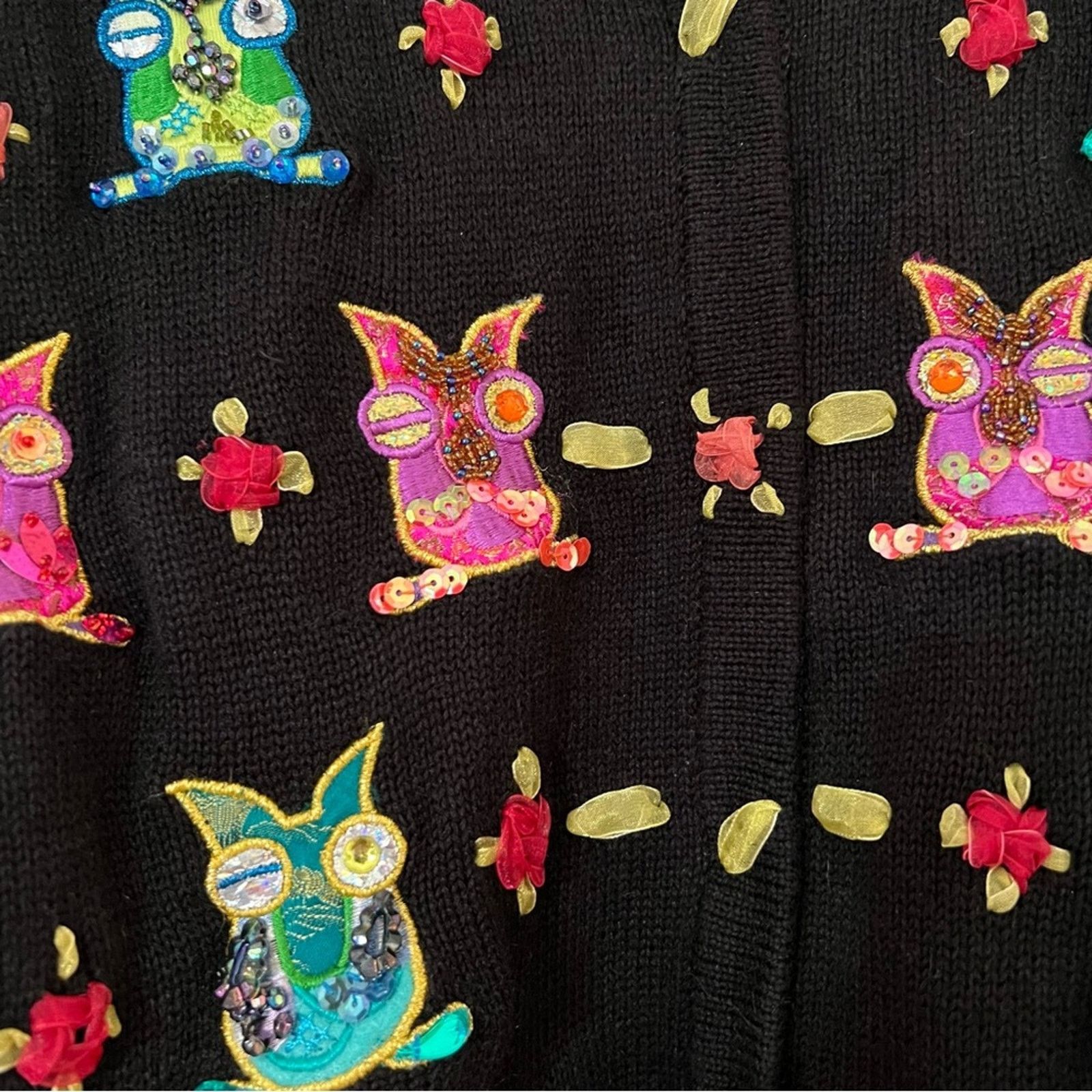Vintage Jack B. Quick Y2k Beaded Owl Embroidered Knit Cardigan Size XL / US 12-14 / IT 48-50 - 6 Thumbnail