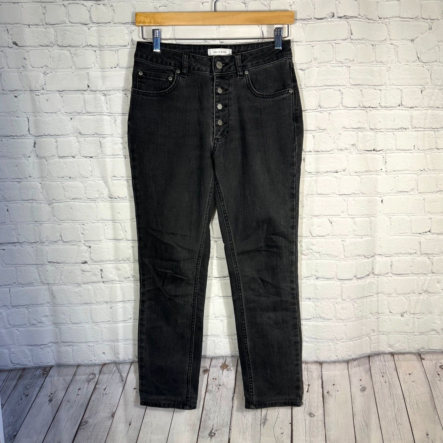 Anine Bing ANINE BING Jeans Womens High Waisted Button Fly Skinny Faded Black Denim 27 Size 27" / US 4 / IT 40 - 2 Thumbnail