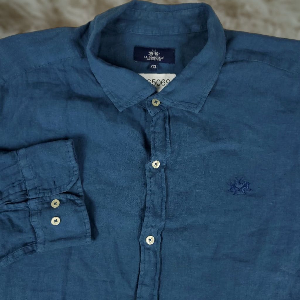 La Martina La Martina Shirt Mens 2XL Blue Linen Button-Up Long Sleeve Casual Business Formal Party/Cocktail Travel Workwear Shirt Mens Size US XXL / EU 58 / 5 - 1 Thumbnail