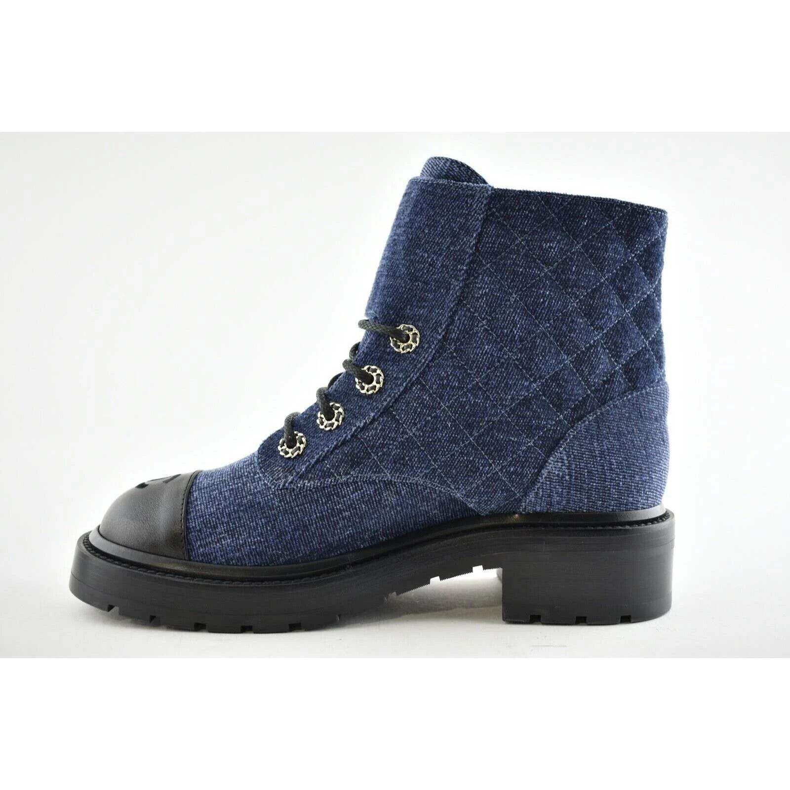 Chanel 21A Blue Black Quilted CC Chain Combat Lace Up