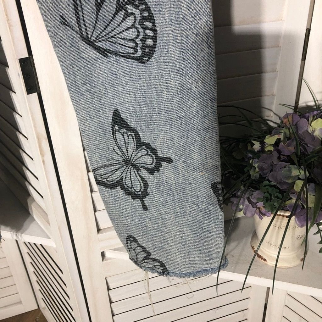 Pacsun Butterfly Jeans High Waisted Straight Leg Raw Hem Blue 26 Size 26" / US 2 / IT 38 - 15 Thumbnail