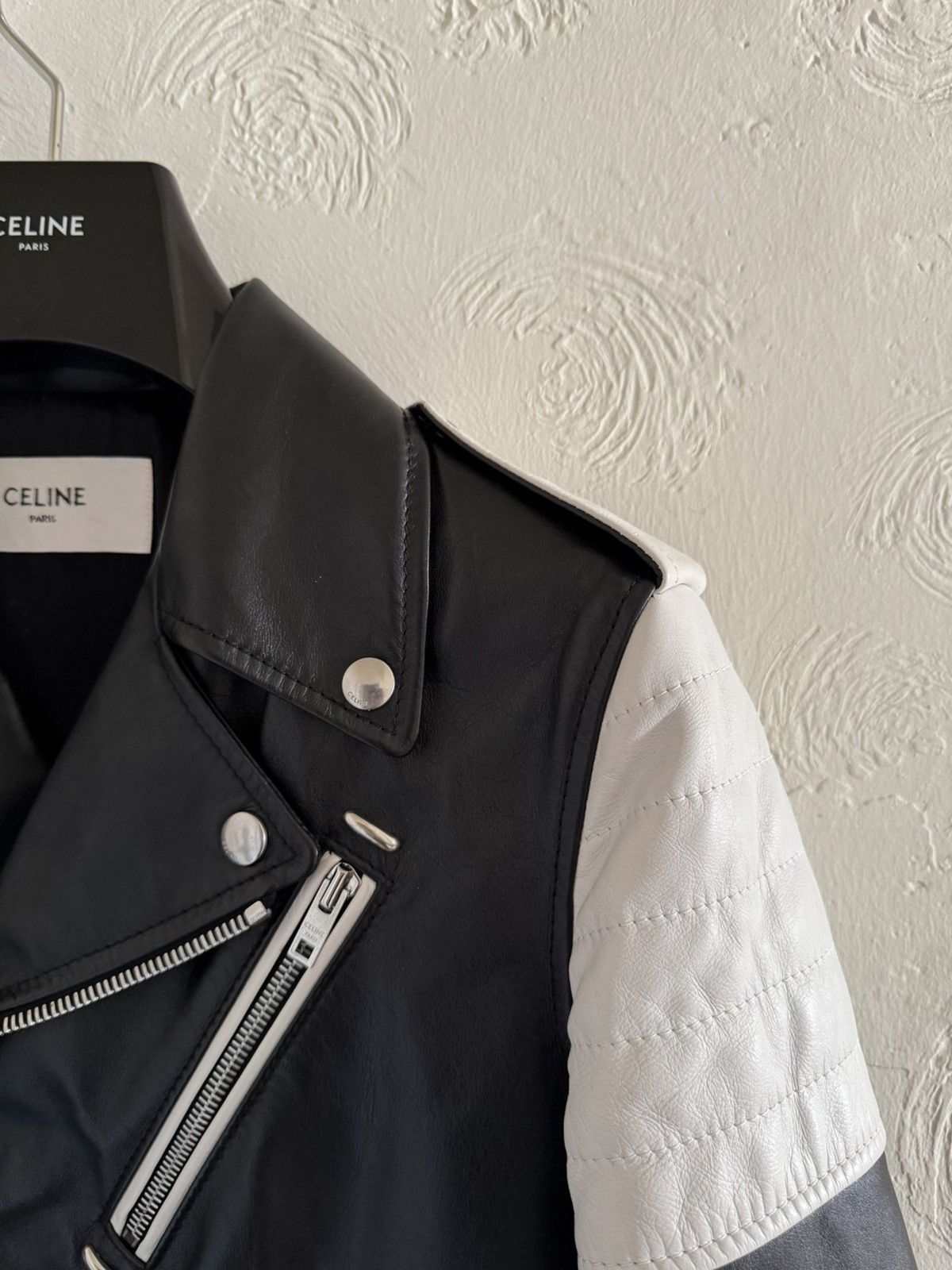 Celine × Hedi Slimane Celine SS19 Black White Padded Sleeve Calf Biker Size US S / EU 44-46 / 1 - 5 Thumbnail