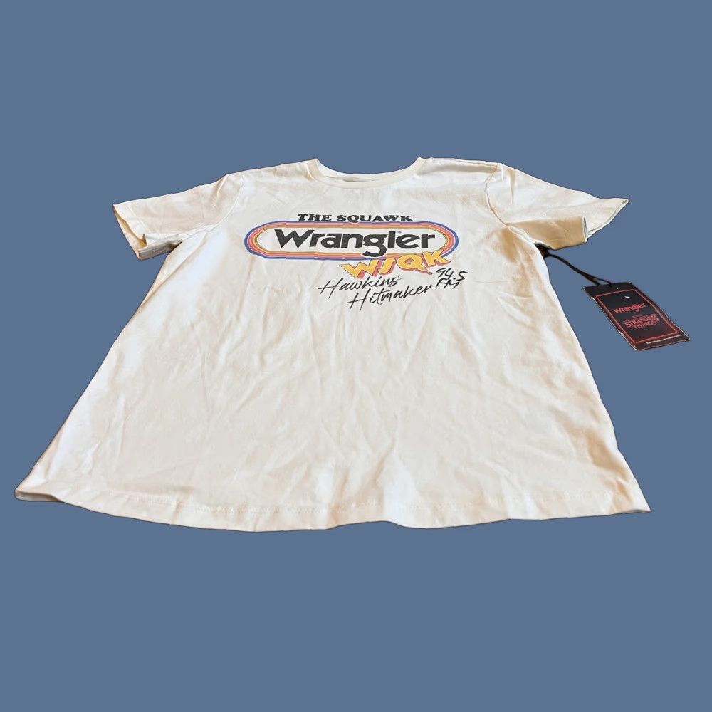 Wrangler Wrangler The Squawk Hawkins Radio Shirt White Women’s Small Short Sleeve Crew Neck Jersey Cotton 80s Horror Graphic T-Shirt Apparel Womens Size S / US 4 / IT 40 - 1 Thumbnail