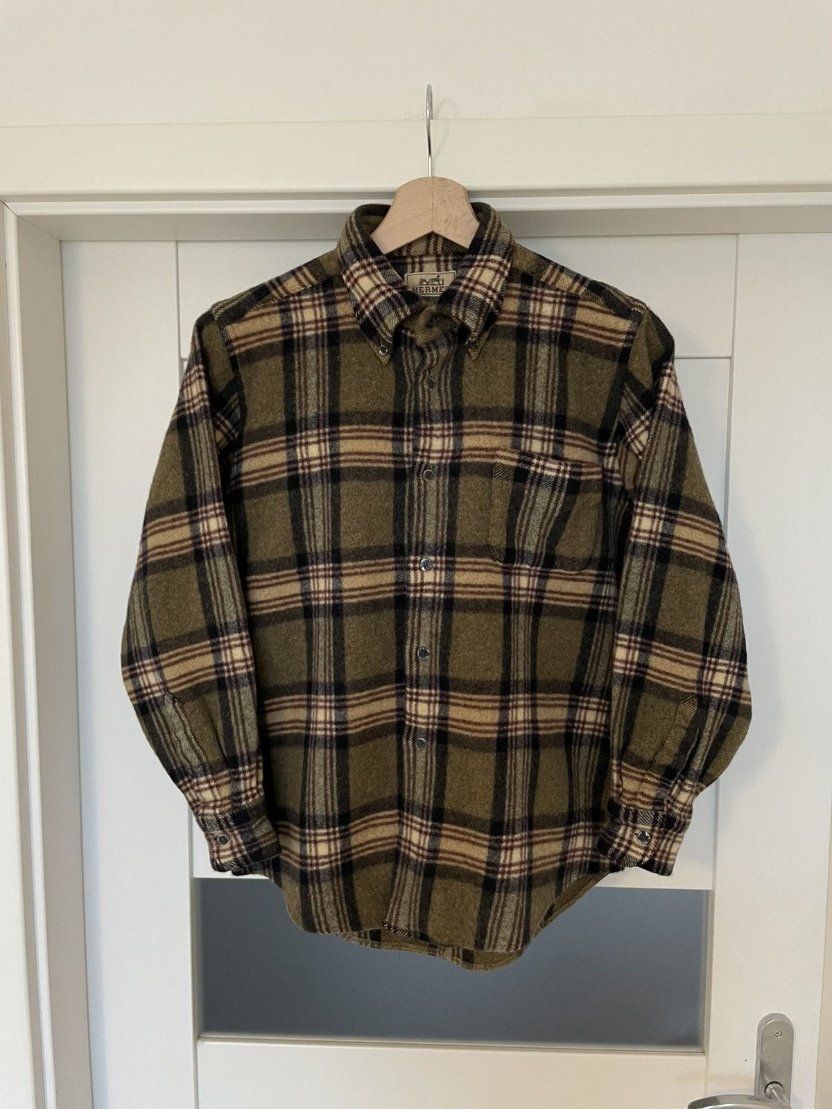 image of Hermes Wool Checked Flannel Shirt Authentic S in Khaki, Women's (Size Small)