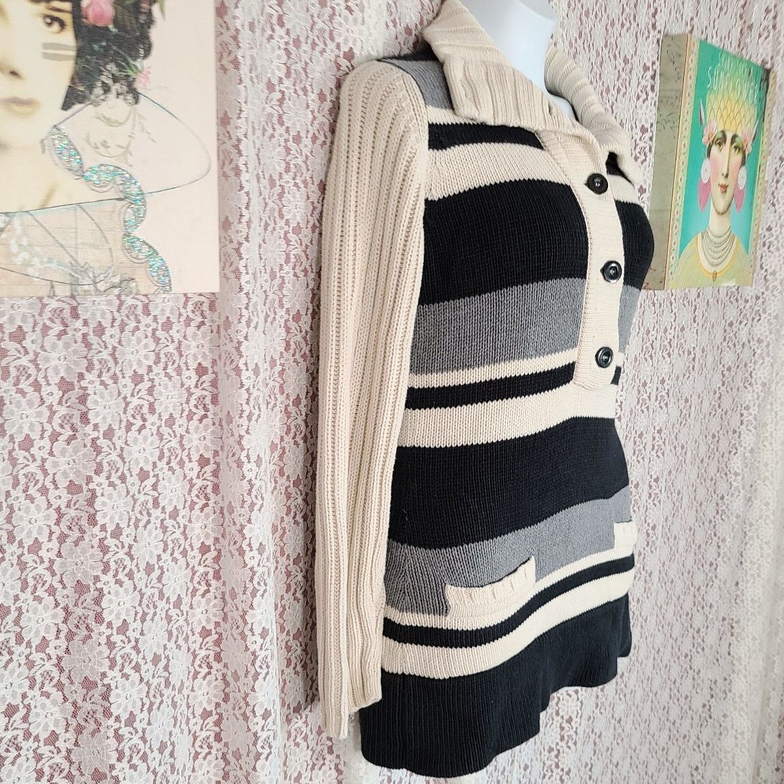 Lacoste vintage 90s Lacoste cream grey blackknit sweater medium Size US M / EU 48-50 / 2 - 2 Thumbnail