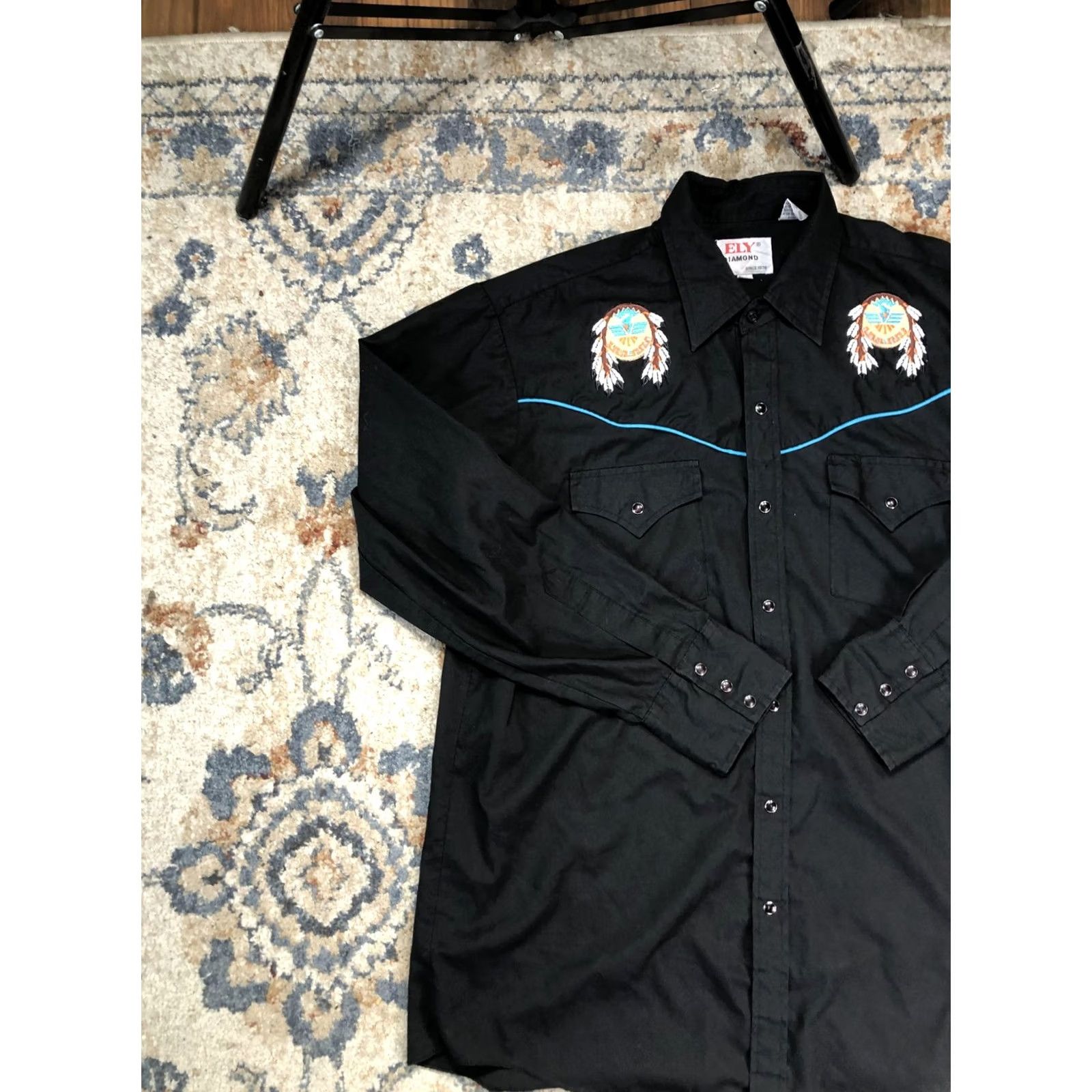 Vintage Ely Diamond Shirt Mens Large Black Western Pearl Snap Long Sleeve Thunderbird Size US L / EU 52-54 / 3 - 2 Thumbnail