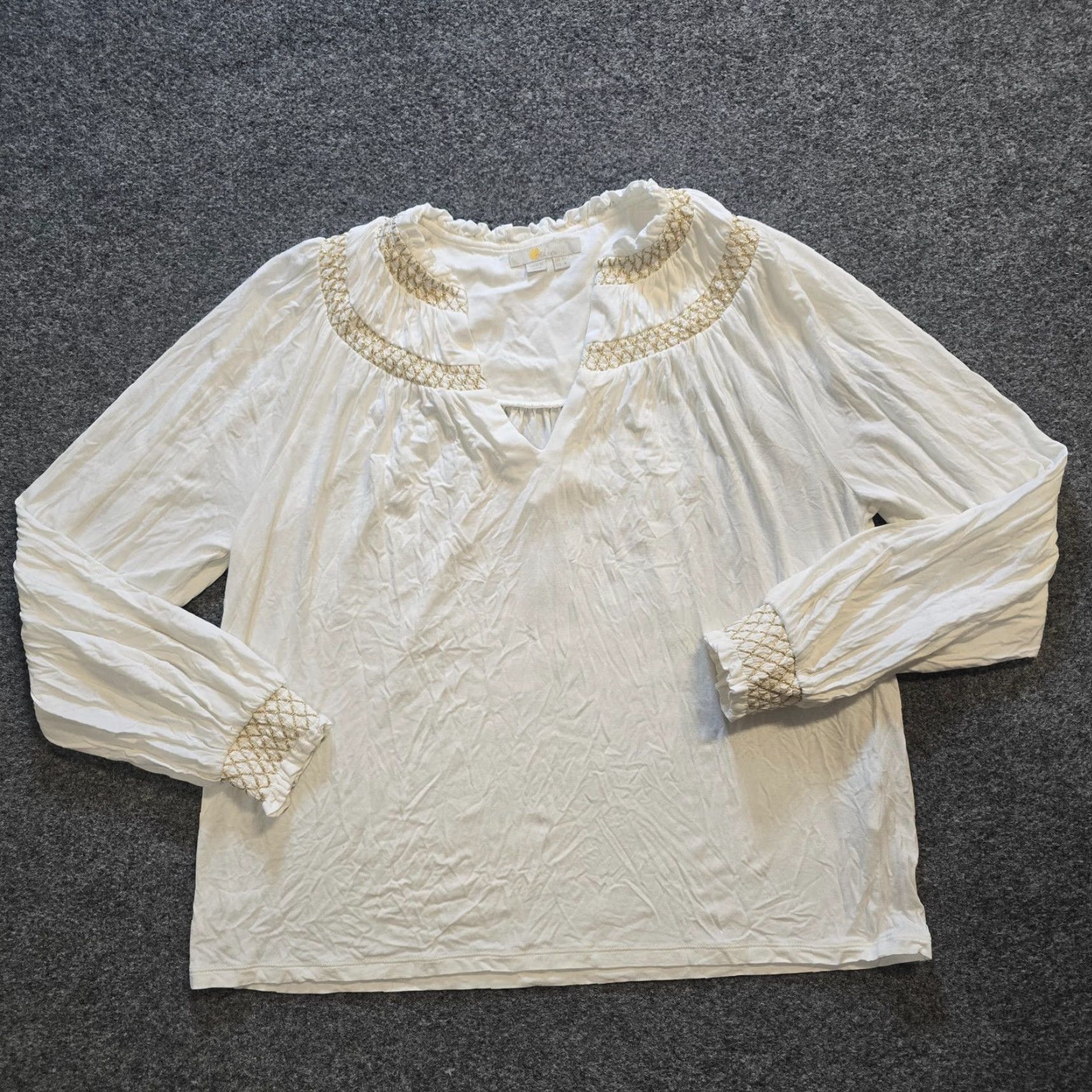 Boden Boden Top Womens Size 8 White Gold Embroidery Poet Sleeve Stretch Capsule Casual Shirt Womens Size M / US 6-8 / IT 42-44 - 2 Thumbnail