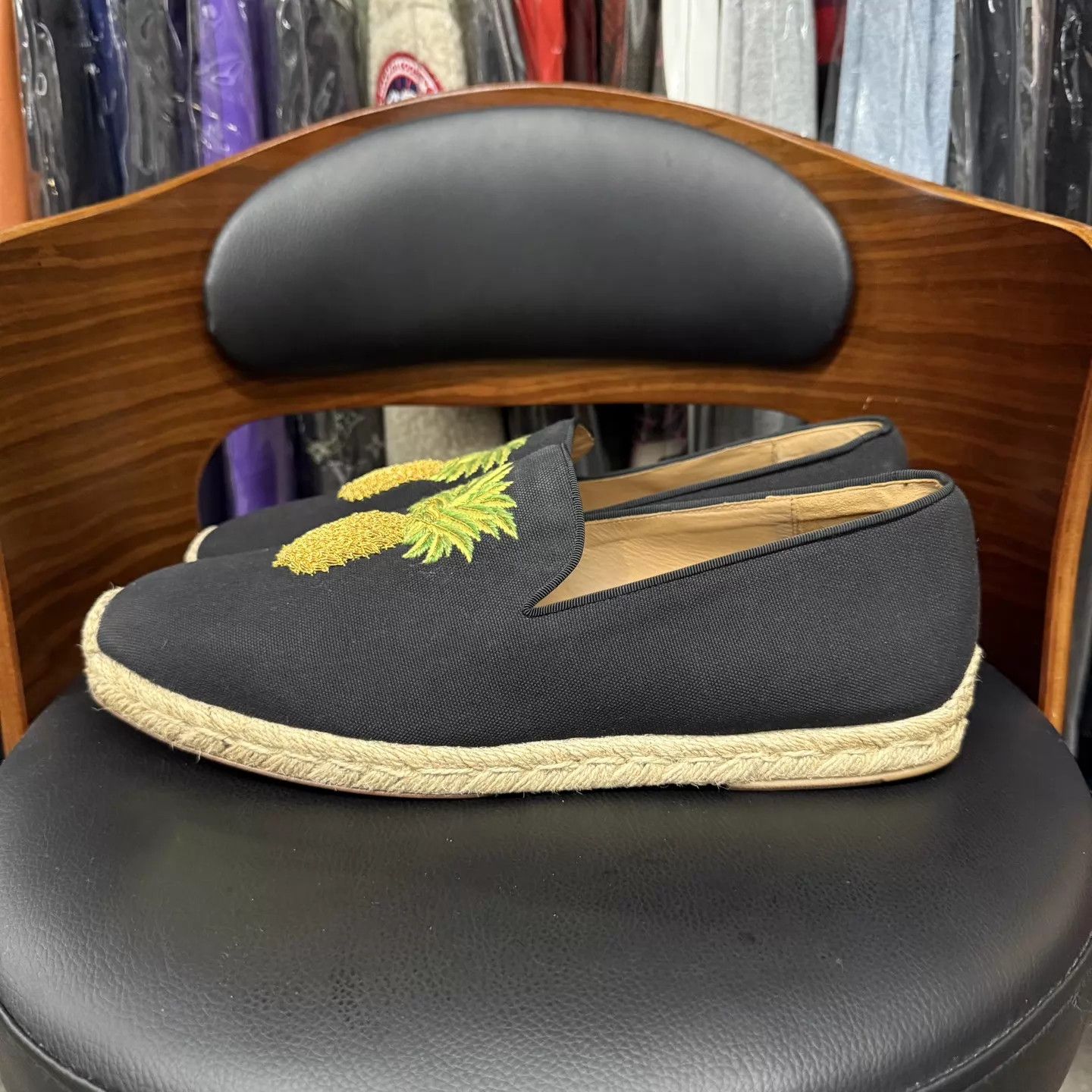 Christian Louboutin CL Pineapple Embroidered Black Red Sole Loafers 44 Like New Size US 11 / EU 44 - 6 Thumbnail