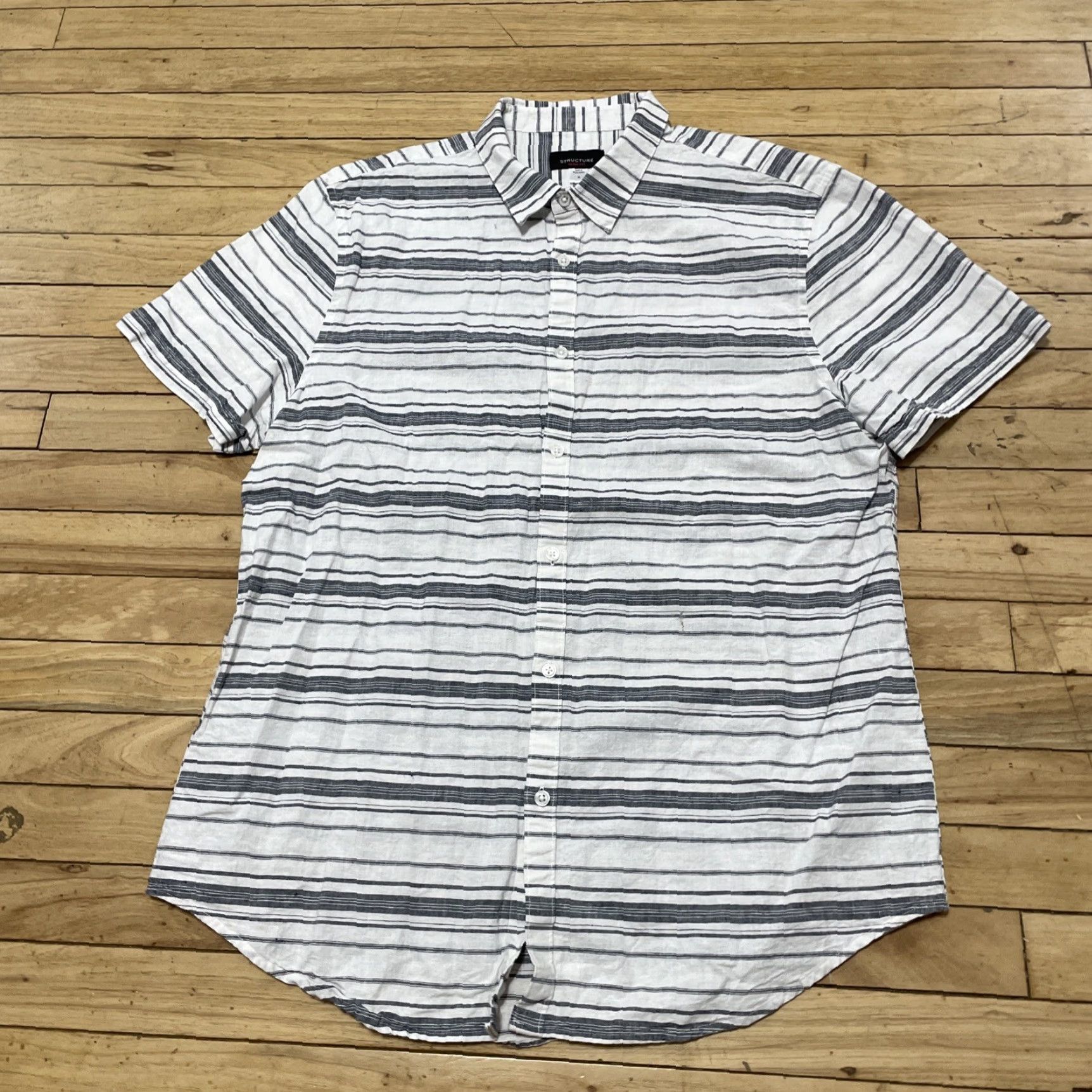 Nautica VINTAGE Structure Linen Button Shirt Men XL Slim Fit Gray White Striped Preppy Nautical Shirt Mens Slim Fit Linen Button-Up Shirt Size US XL / EU 56 / 4 - 2 Thumbnail