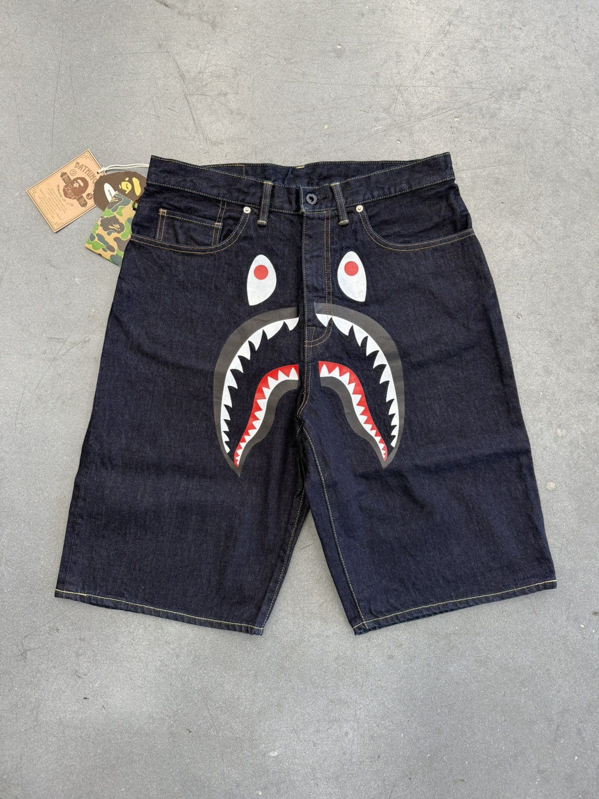 Bape Shark Denim Shorts - Navy | Garmentory A BATHING APE SHARK