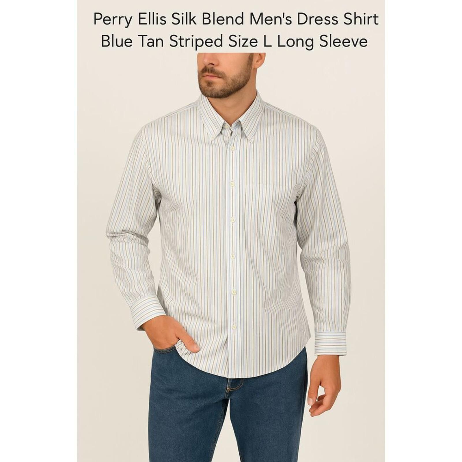 Perry Ellis Perry Ellis Silk Blend Men’s Dress Shirt Stripede Size L Size 42R - 1 Thumbnail