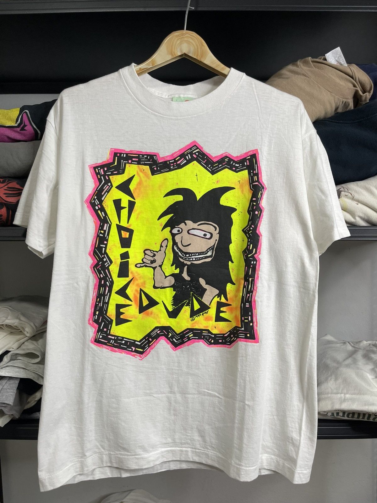 Vintage VINTAGE 1990 CHOICE DUDE Neon Graphic Tee Surf Skate Cartoon Size US L / EU 52-54 / 3 - 1 Thumbnail