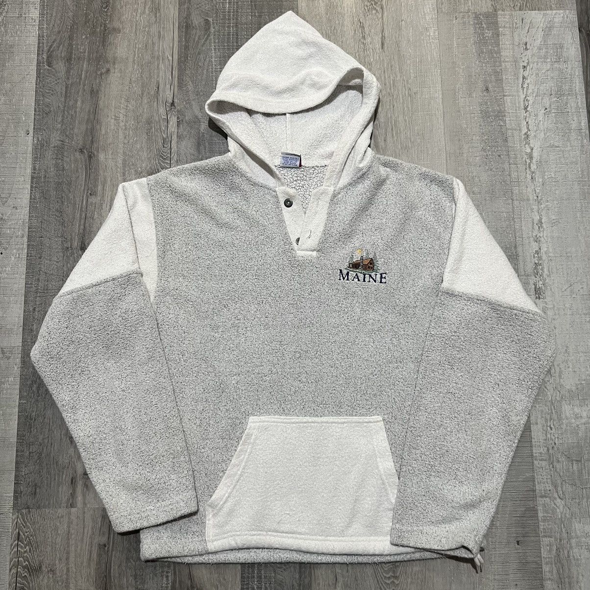 Vintage VTG Maine Log Cabin Travel Hoodie 80s Grey/White Two Tone Size US M / EU 48-50 / 2 - 1 Thumbnail