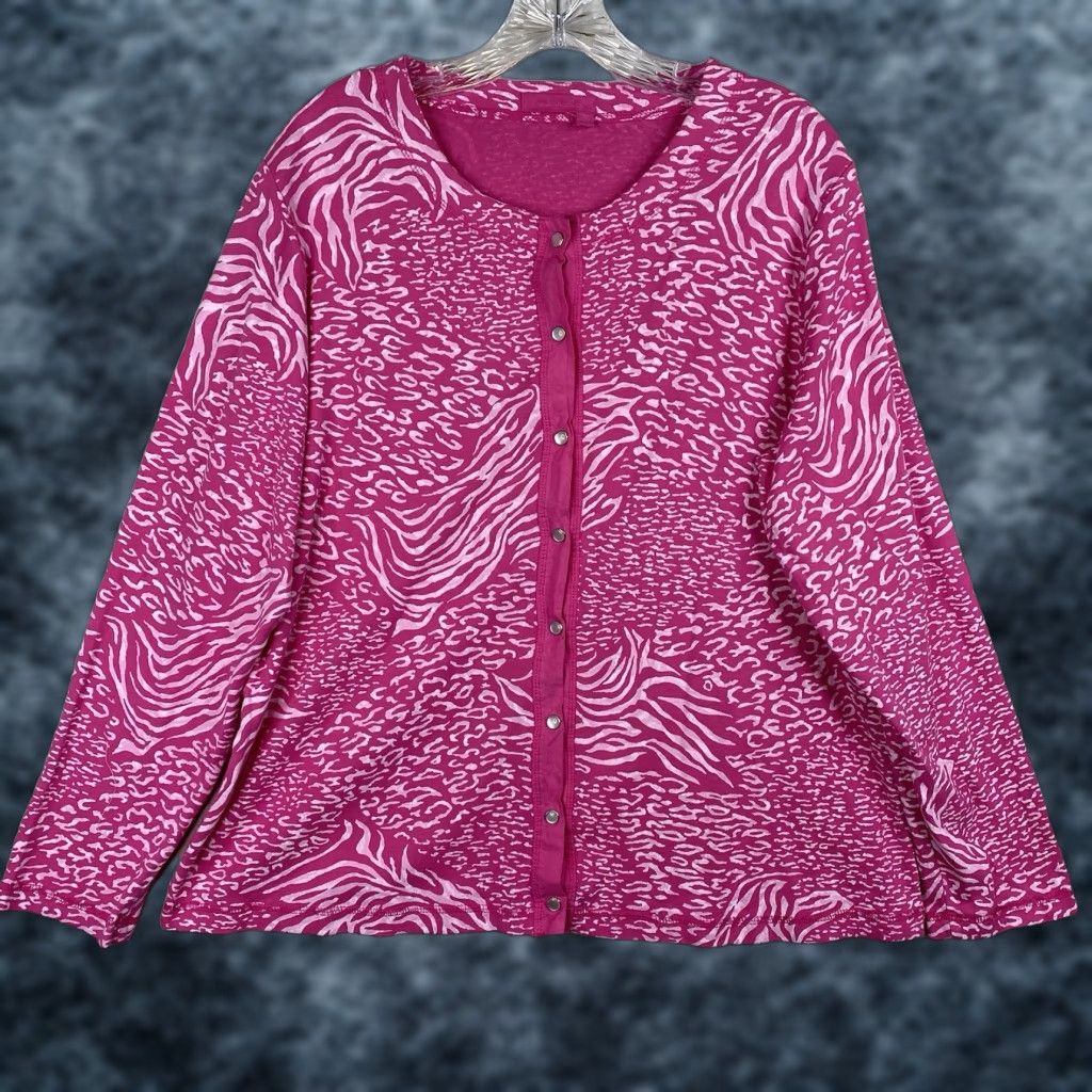 Vintage Fresh Produce Cardigan Womens 2XL Pink Animal Print Pearl Snap Long Sleeve Shirt Womens 2XL Pink Animal Print Cardigan Size XXL / US 16-18 / IT 52-54 - 1 Thumbnail
