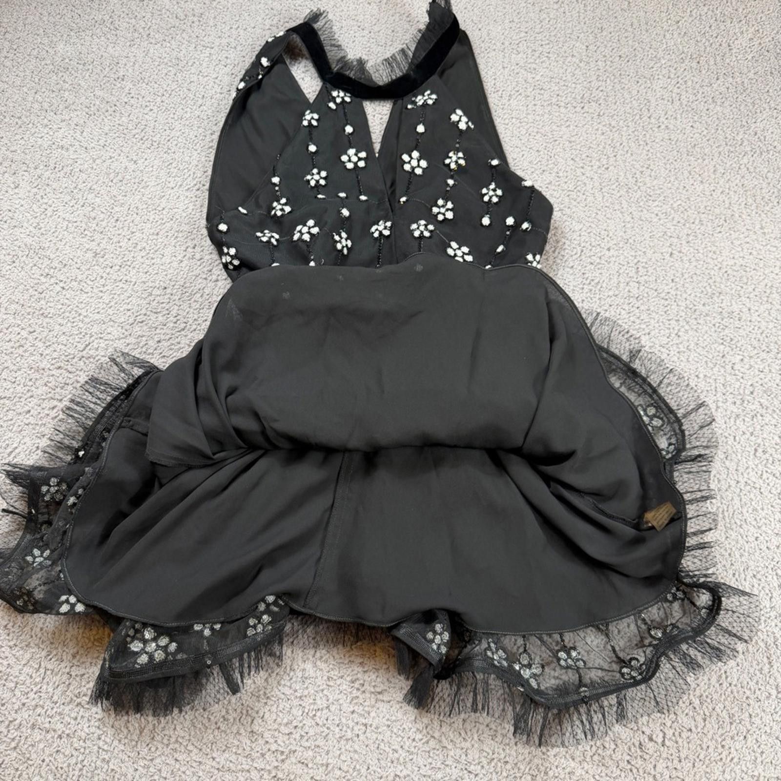 Alexis Mabille Alexis Black Floral Sequin Tulle Mini Dress Velvet Tie Size M / US 6-8 / IT 42-44 - 4 Thumbnail
