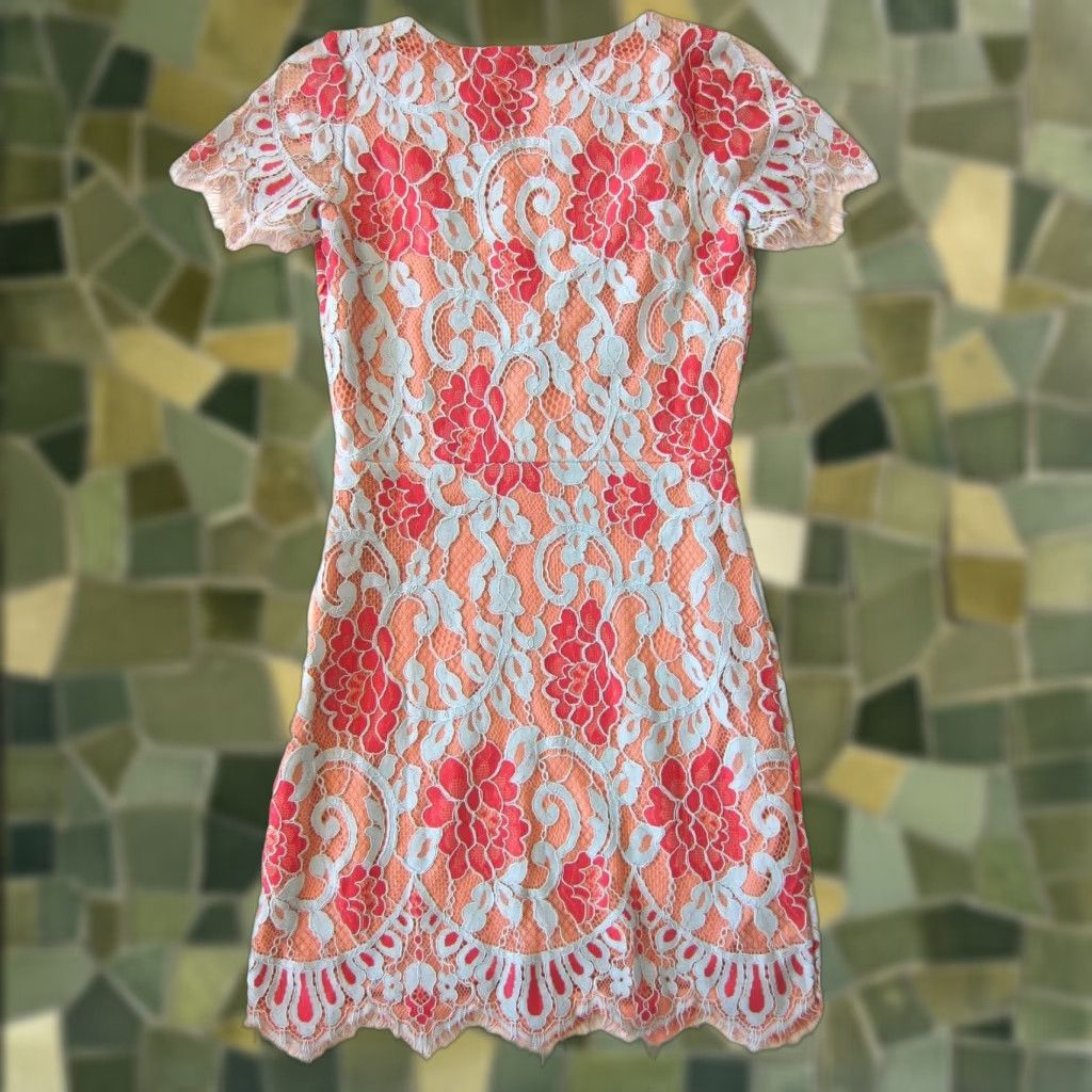 Pinko Storia Dress Cap Sleeve Pink Blue Lace Floral Embroidered Sheath Small Empire Size S / US 4 / IT 40 - 1 Thumbnail