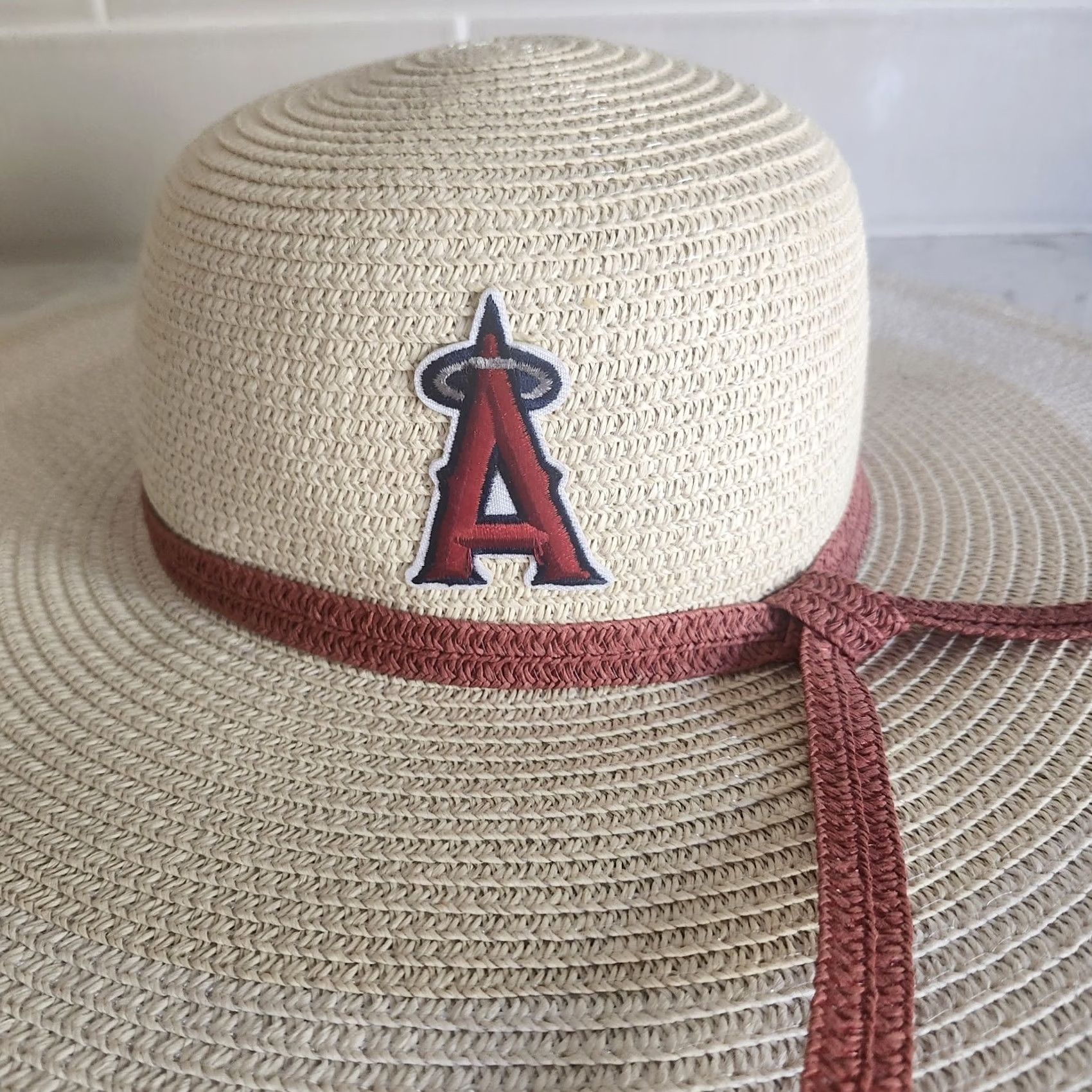 MLB Timeless Skin Care MLB LA Anaheim Angels Ladies Beige Straw Wide Brim Sun Hat Boho Baseball Logo Red Band Size ONE SIZE - 3 Thumbnail