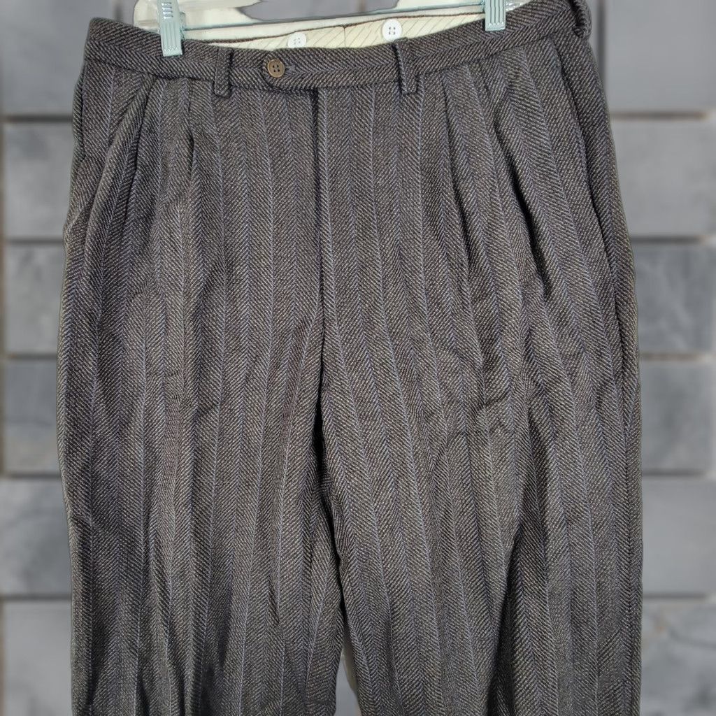 Vintage GENERIC MENS DRESS PANTS IN DARK Brown Wool Blend Striped 34x30 Casual Regular Mens Dress Pants 34 Brown Mens Size US 34 / EU 50 - 1 Thumbnail