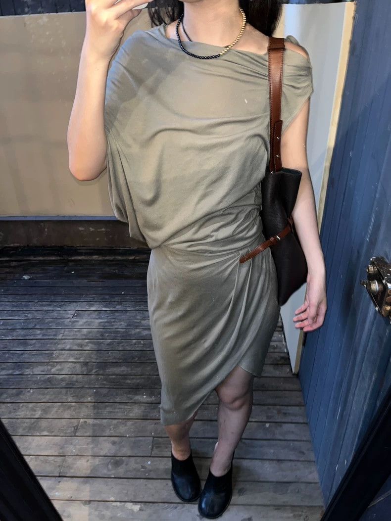 Helmut Lang Helmut Lang Asymmetric Grayish Green Dress - dmc Size US 30 / EU 46 - 1 Thumbnail