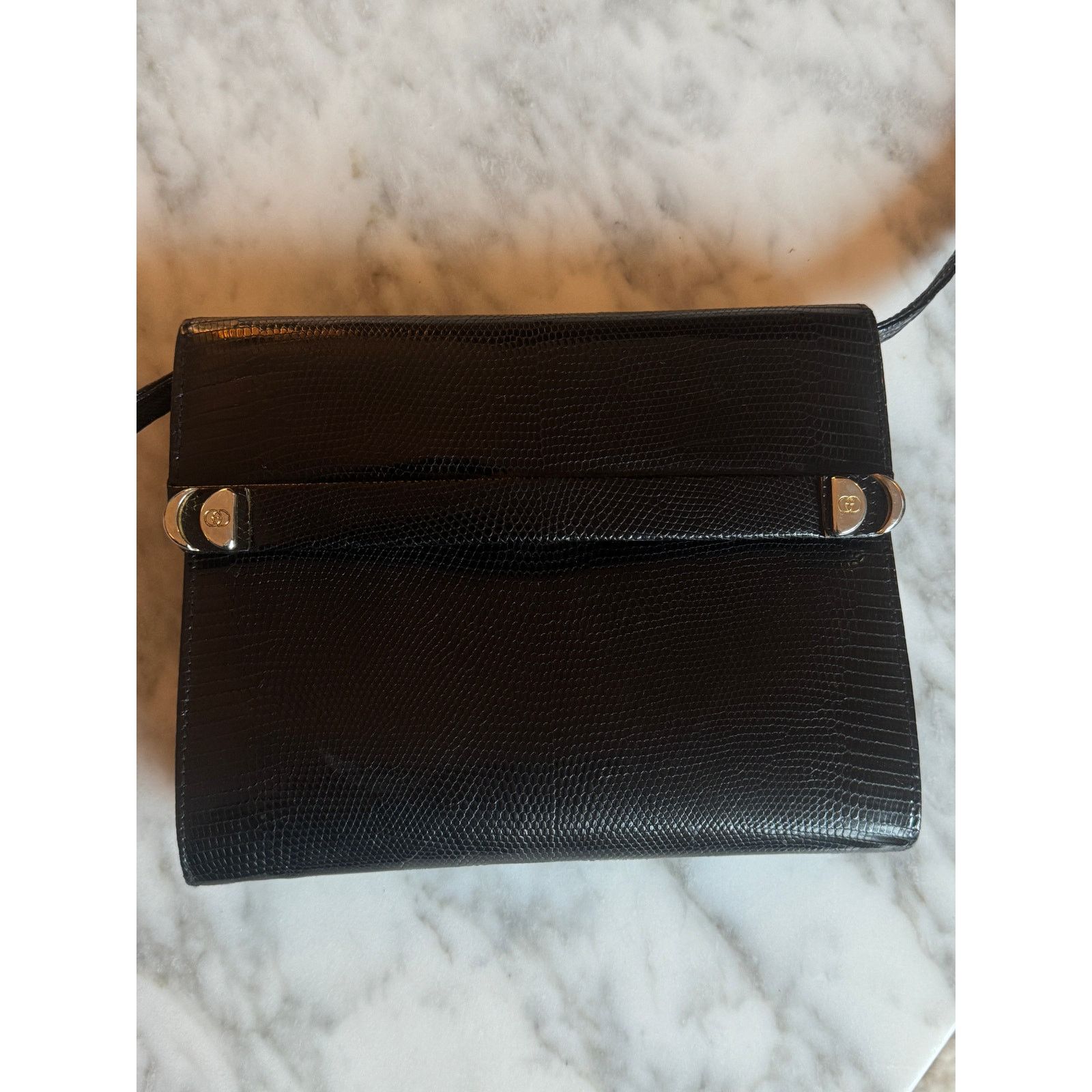 Gucci Vintage Black Genuine Lizard 2-Way Clutch