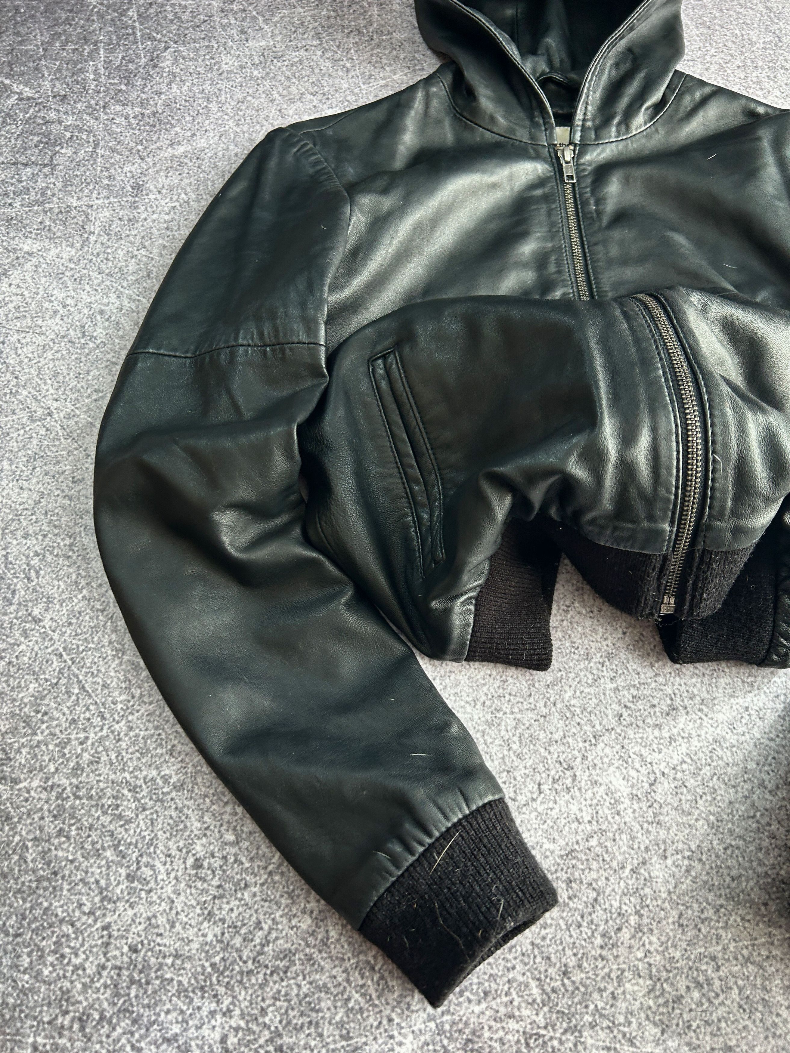 Vintage Leather Hooded Jacket Cropped Minimalist Black Y2K Size US XS / EU 42 / 0 - 3 Thumbnail