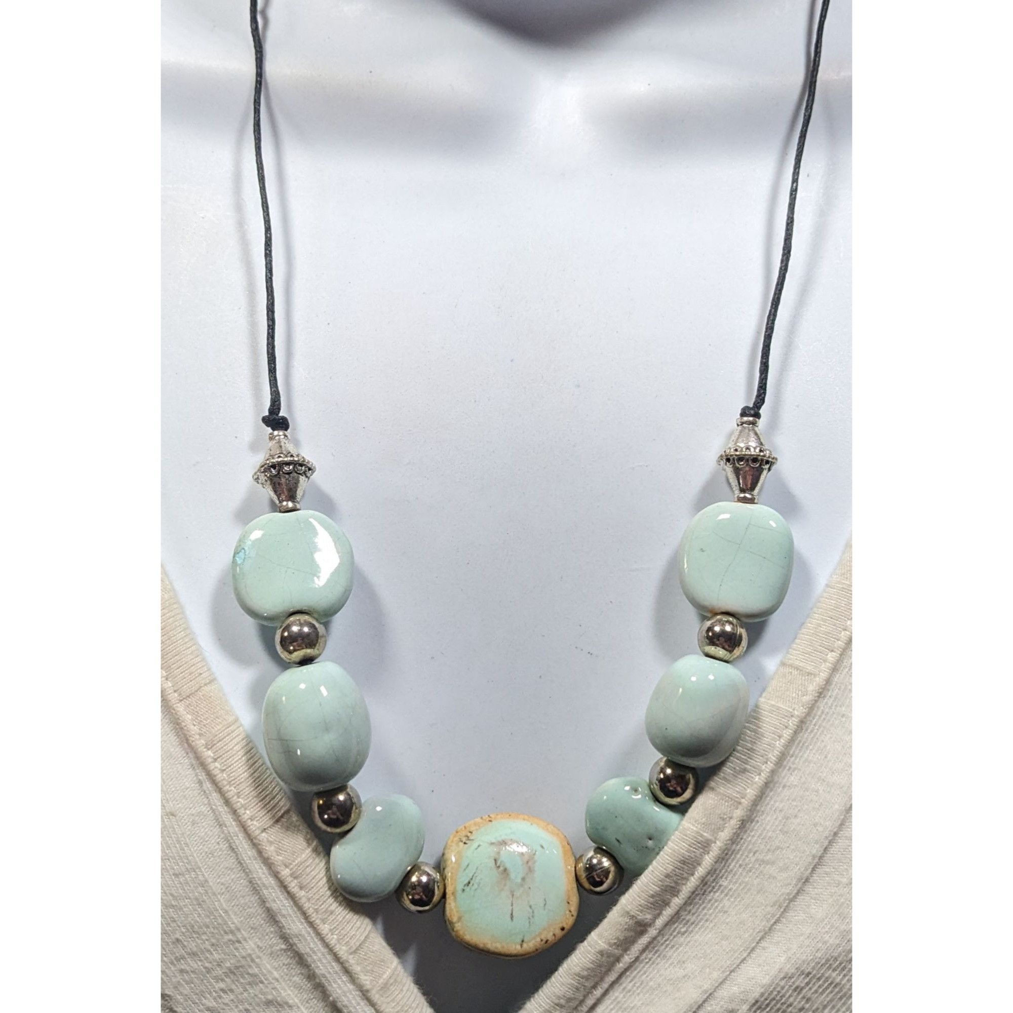 Other Handmade Light Blue Ceramic Beaded Necklace With Silver Tone Size ONE SIZE - 5 Thumbnail