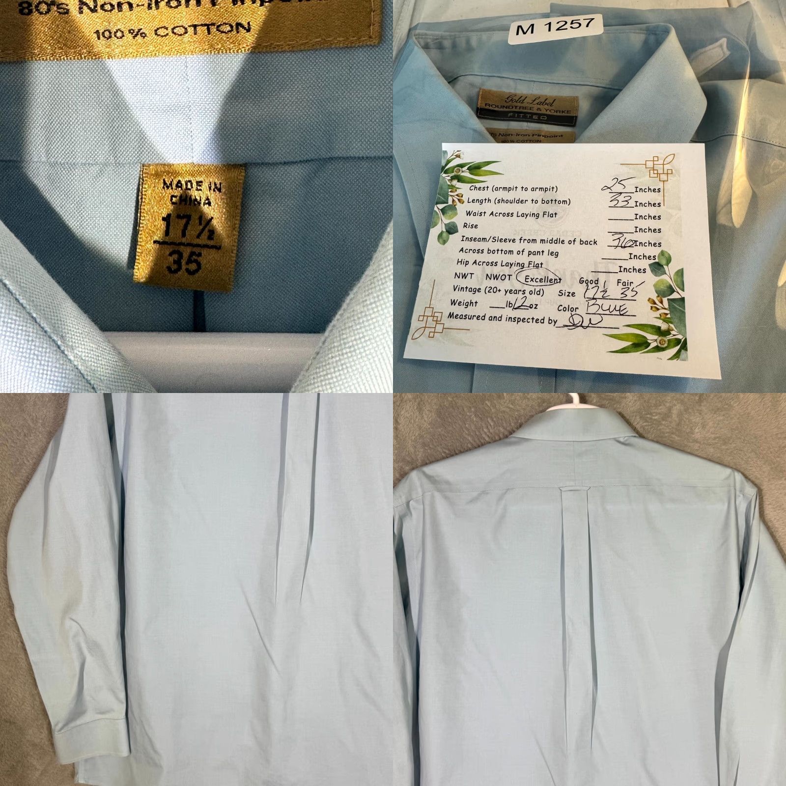 Vintage Gold Label Dress Shirt Men Blue 17.5×35 Long Sleeve Button-Down Fitted 100% Cotton Formal Shirt Mens Regular Neck 17.5 in Vintage No Size 48R - 8 Thumbnail