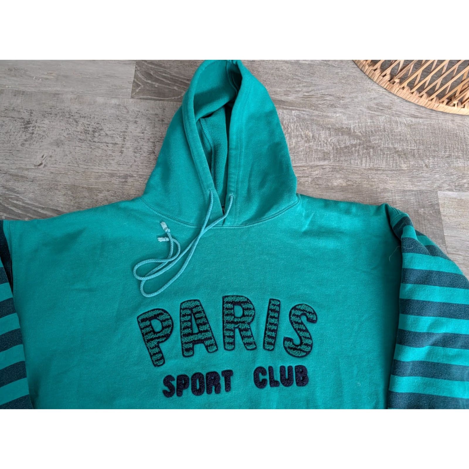 Vintage VINTAGE Paris Sport Club Hoodie Striped Sleeves Womens Oversized L 90’s Paris Graphic Print Fleece Pullover Size L / US 10 / IT 46 - 2 Thumbnail