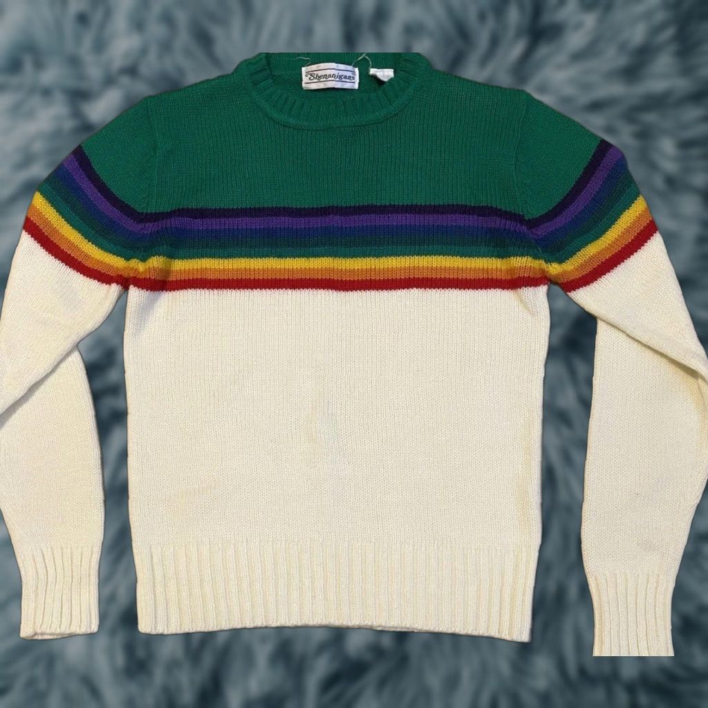 Rainbow VINTAGE Rainbow Striped Knit Sweater M Womens 80s 70s Surf Beach Hang Ten Hawaii OP Green White Ocean Pacific Patterned Pullover Size M / US 6-8 / IT 42-44 - 1 Thumbnail