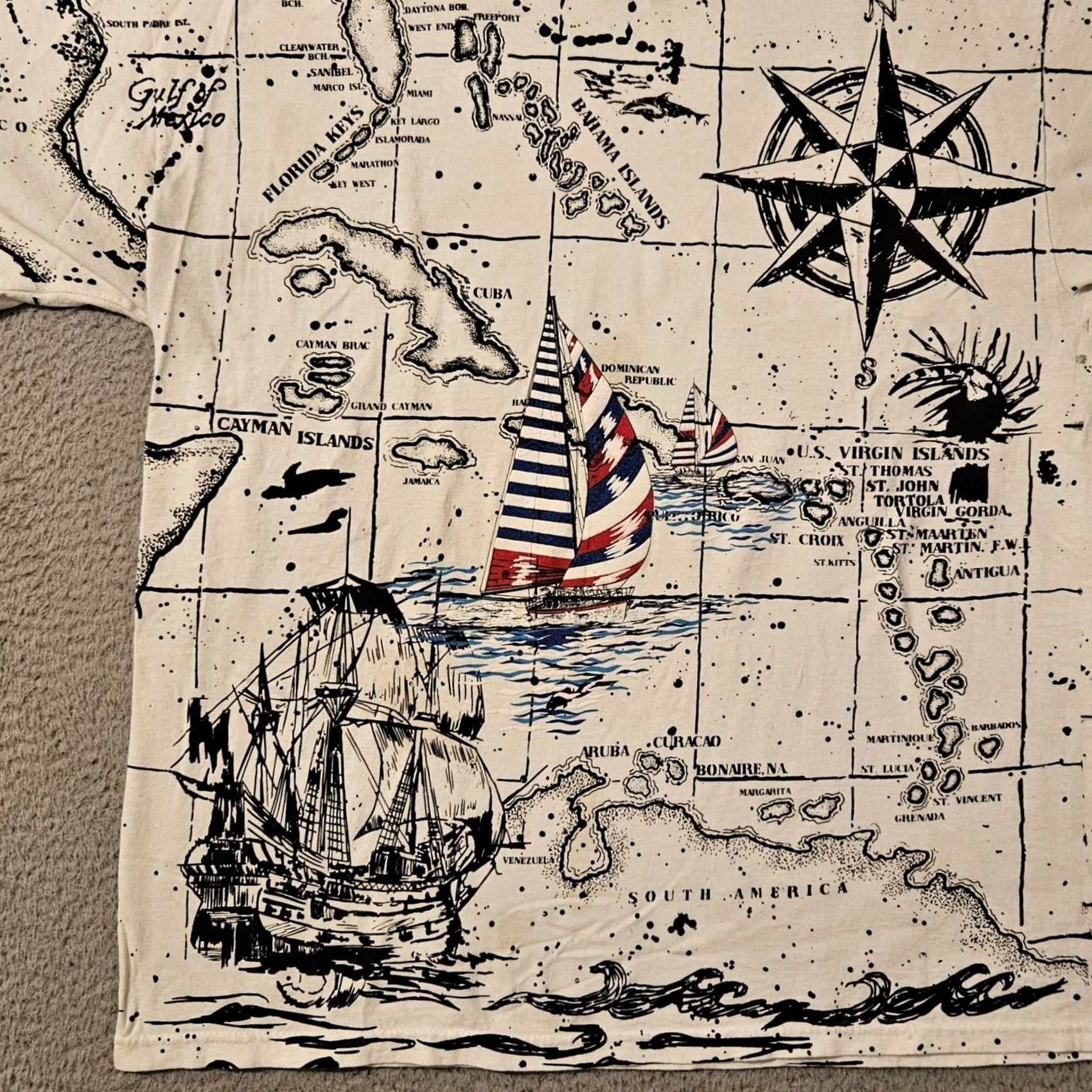 Delta VINTAGE Stanley Michaels AOP Map Caribbean Parrot Pirate Ship Graphic Shirt XL White Stain 29.5 22.5 Inches Mens Size US XL / EU 56 / 4 - 4 Thumbnail