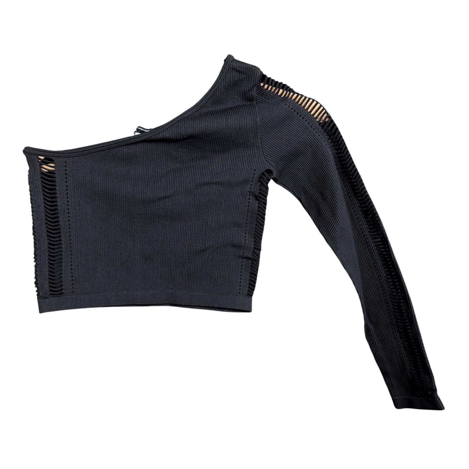 Zara Zara Women's Black Rib Knit One Shoulder L/S Biker Top Size M / US 6-8 / IT 42-44 - 2 Thumbnail