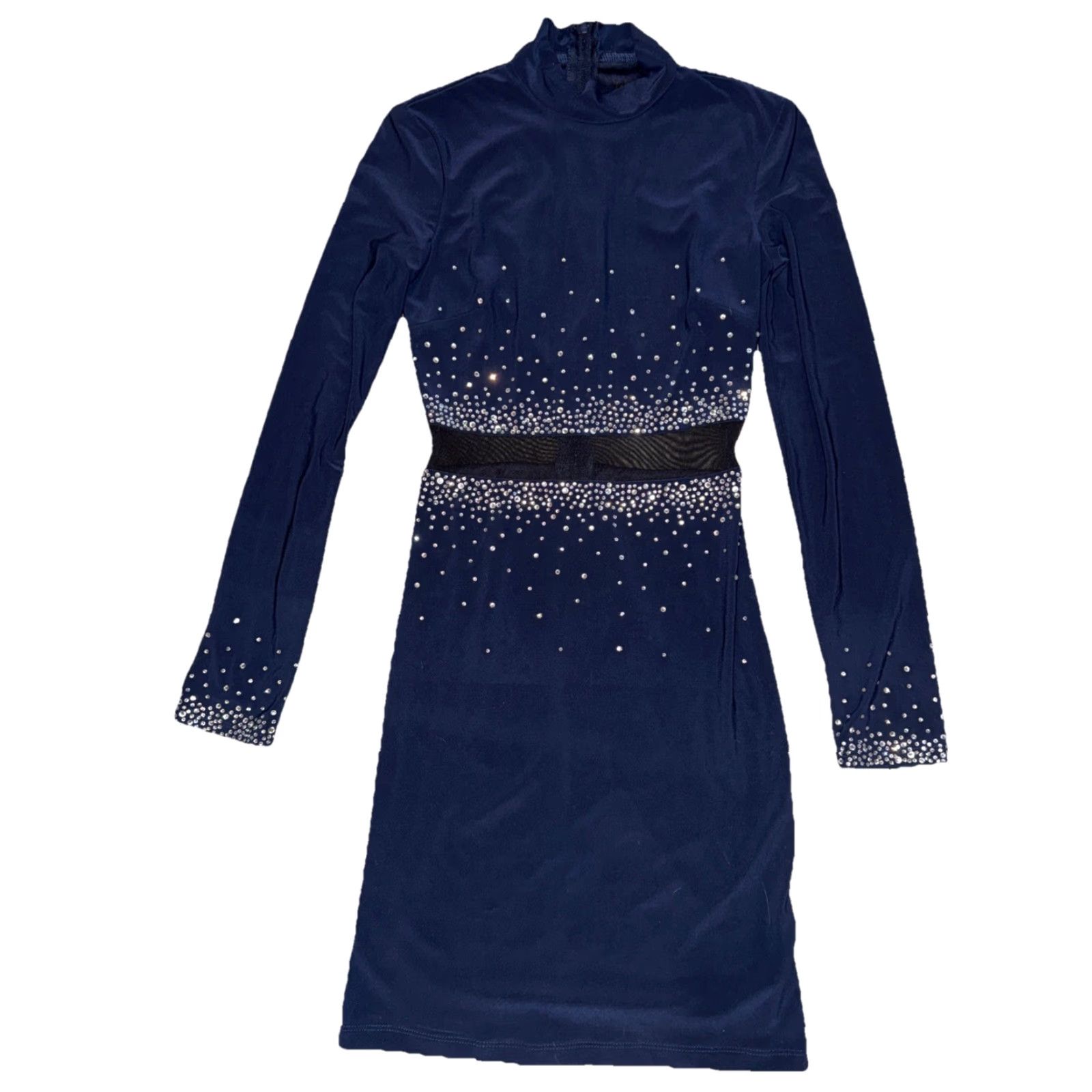Vintage Jodi Kristopher Formal Dress Navy Blue Rhinestones Long Sleeves  Women's Size 1 Midi A-Line Mock Neck Party/Cocktail Wedding | Grailed